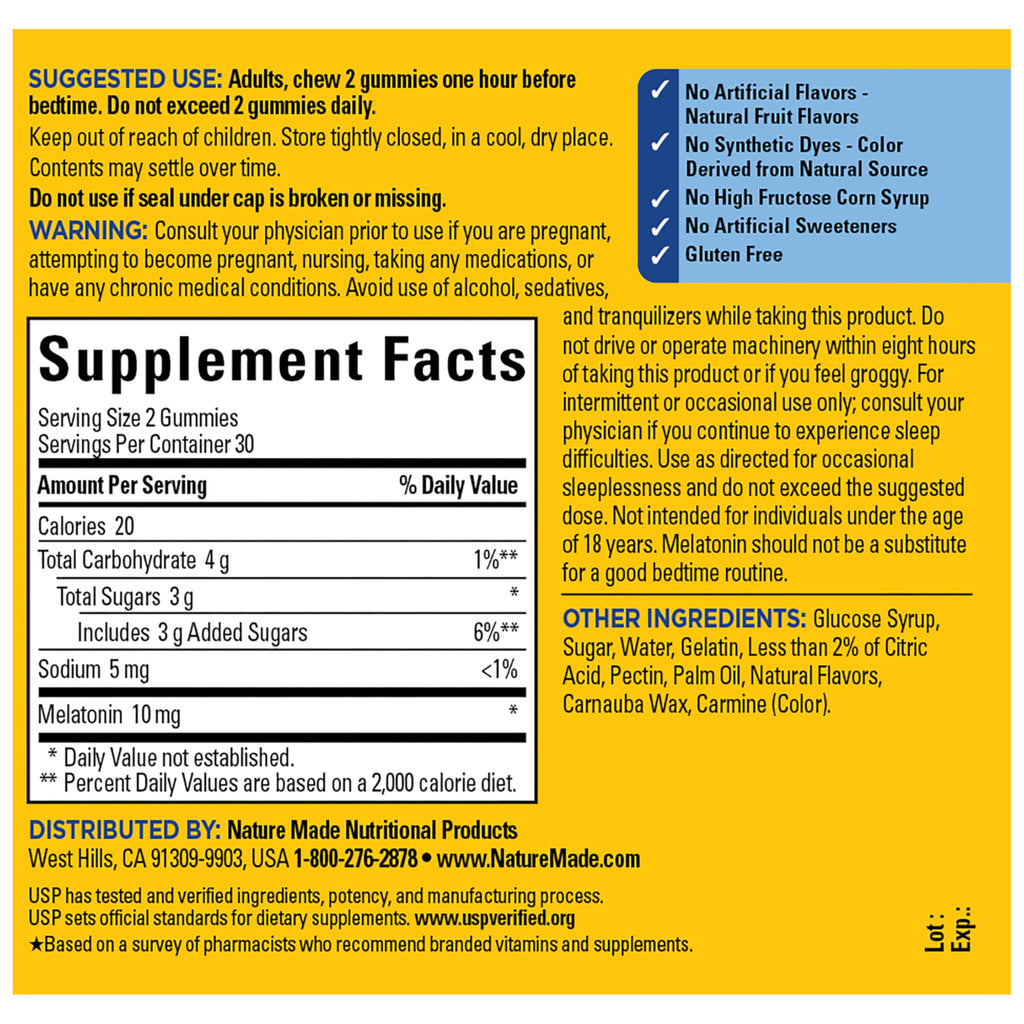 Nature Made Melatonin 10mg per serving Gummies, Maximum Strength Dosage, 100% Drug Free Sleep Aid for Adults, 60 Melatonin Gummies, 30 Day Supply
