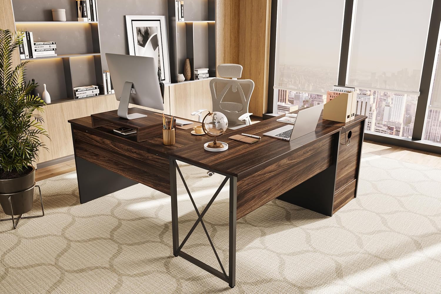 Bestier L Shaped Standing Desk with Lift Top, 55"x55" Standing Corner Desk for Home Office, Computer Desk with Reversible File Drawer and Monitor Stand, Grey Wash