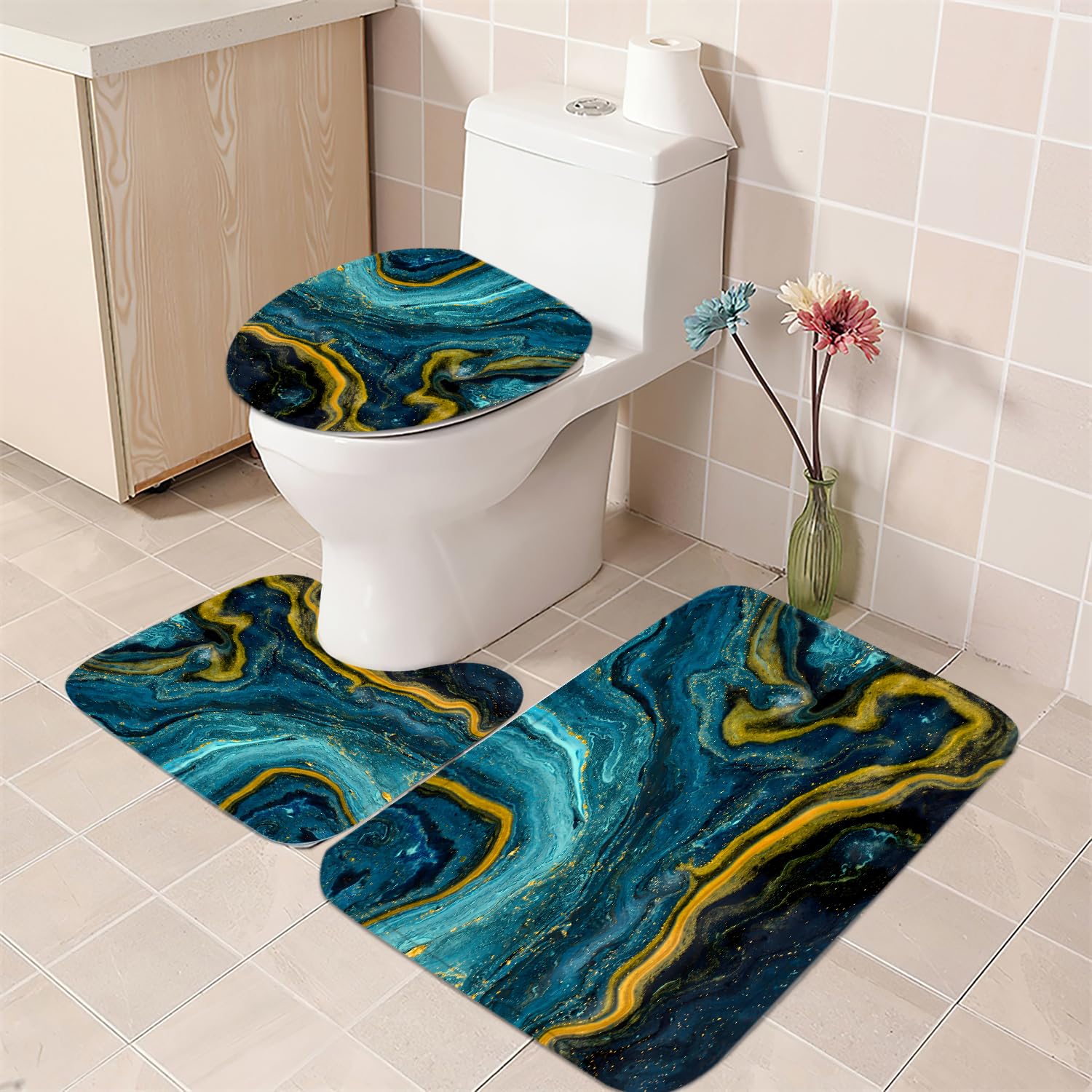 Nkzply 4 Pcs Black Marble Shower Curtain Sets with Rugs Gold Bathroom Sets with Shower Curtain and Rugs Modern Abstract Bathroom Decor Accessories Shower Curtains for Bathroom Toilet Lid Cover