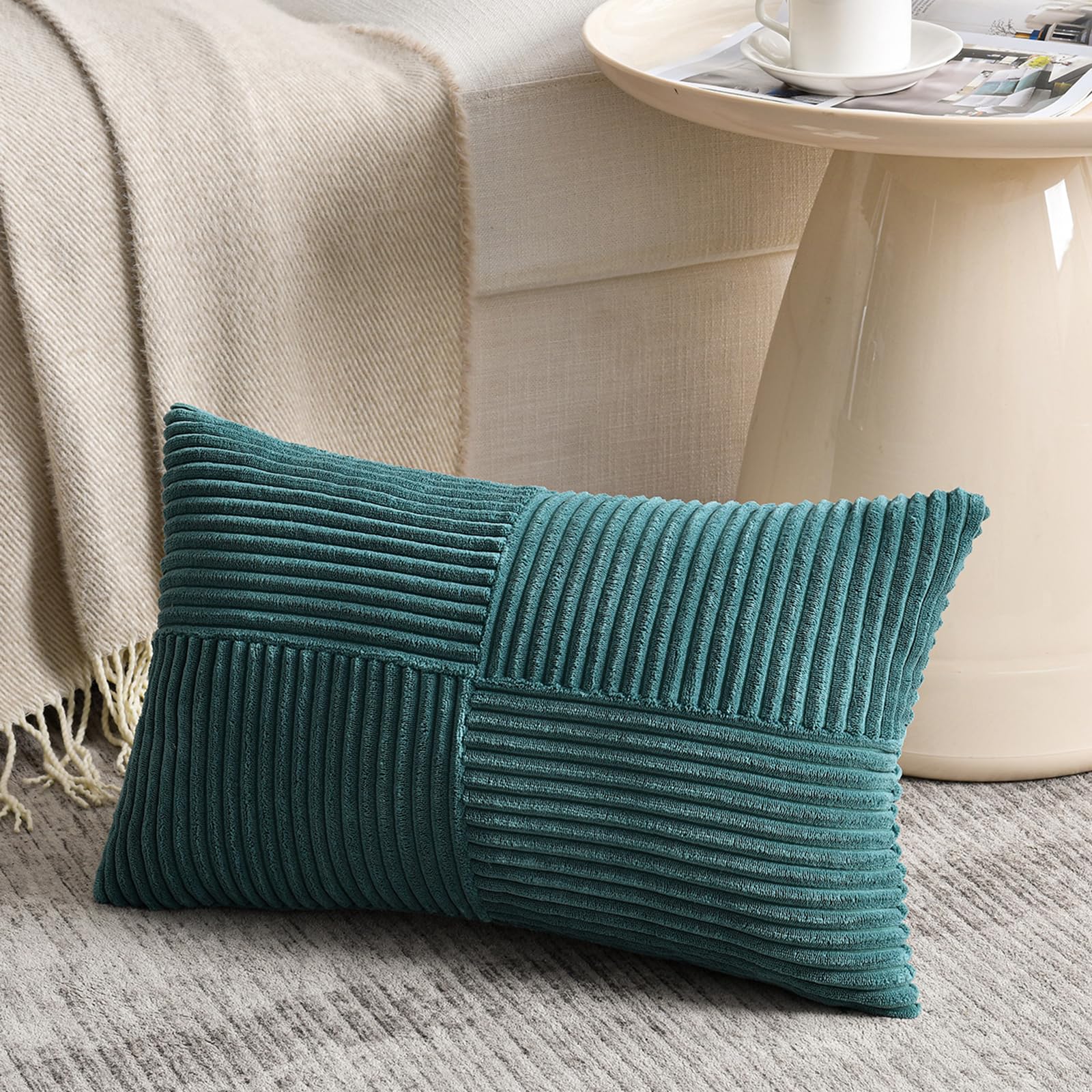 Fancy Homi Olive Green Samll Decorative Throw Pillow Covers 12x12 Inch with for Living Room Couch Bed Sofa, Rustic Farmhouse Boho Home Decor, Soft Corss Patchwork Corduroy Square Cushion Case 30x30 cm