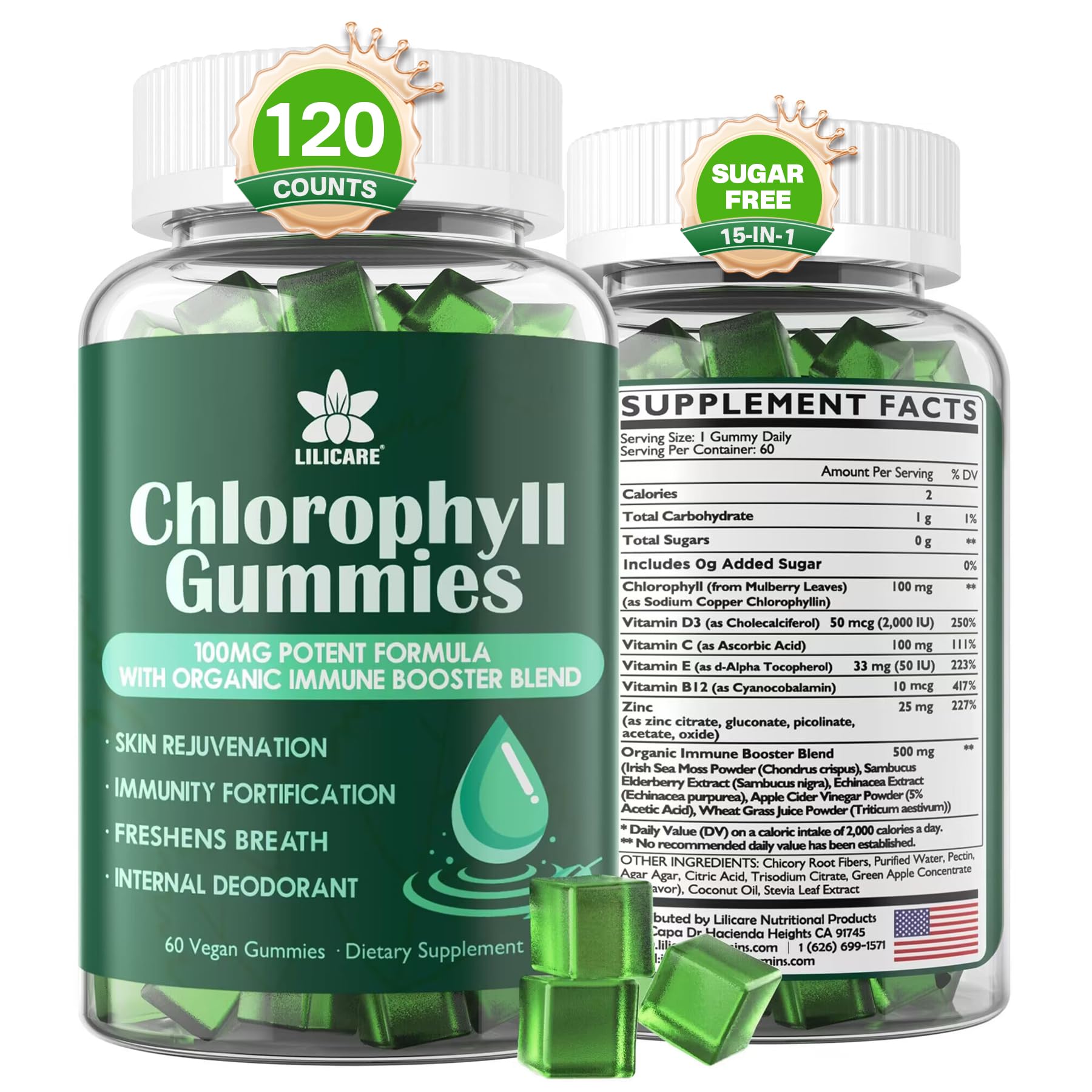 Chlorophyll Gummies - Super Green with Wheat Grass, Sea Moss, Unfiltered ACV & Elderberry, Echinacea, Zinc Complex & Vitamin D3, C, E, B12 for Natural Deodorant, Immune & Digestion Support, 60 Chews