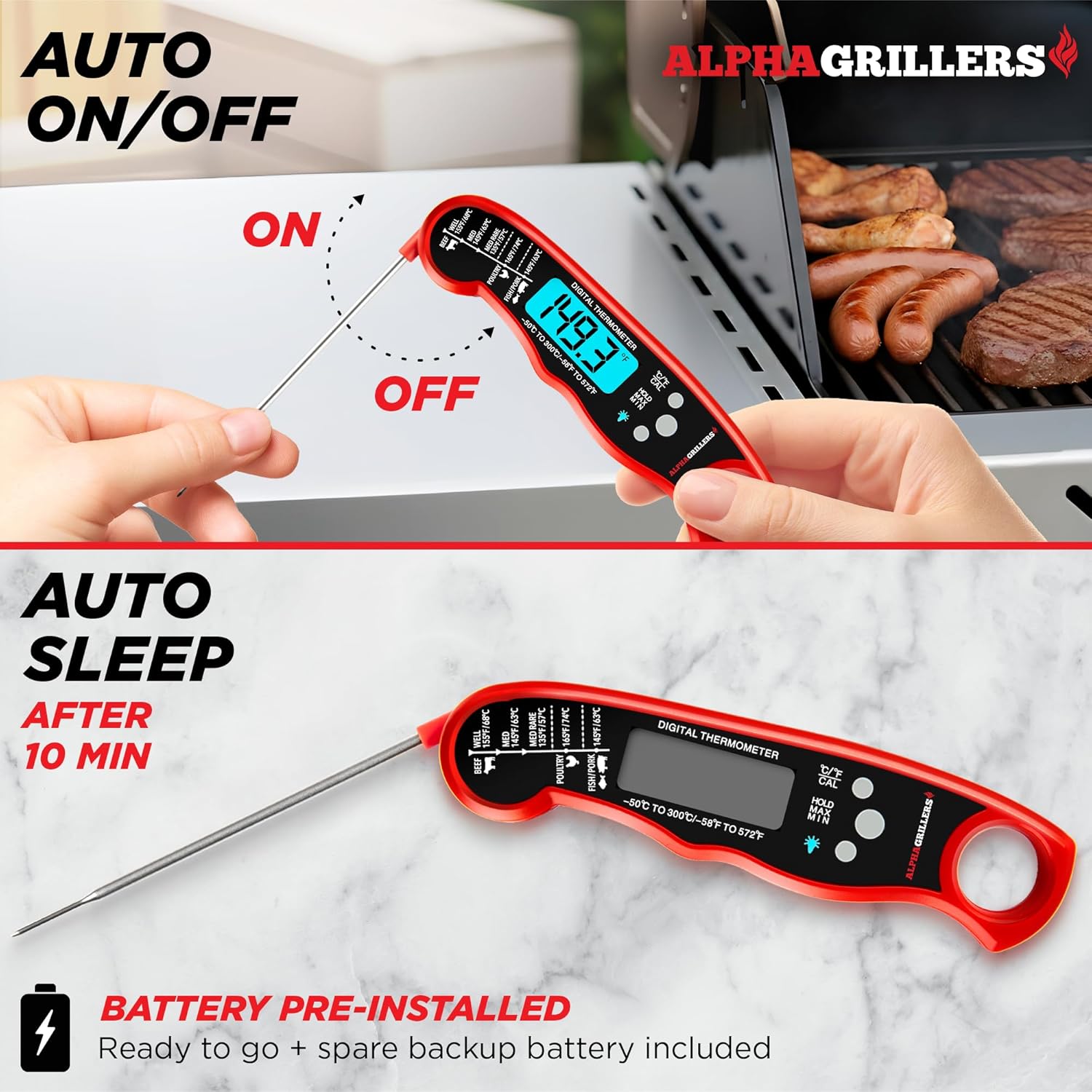 Alpha Grillers Meat Thermometer Digital – Instant Read Food Thermometer for Cooking & Grilling – Professional Kitchen Birthday Gifts for Men, Him, Dad, Husband, Boyfriend