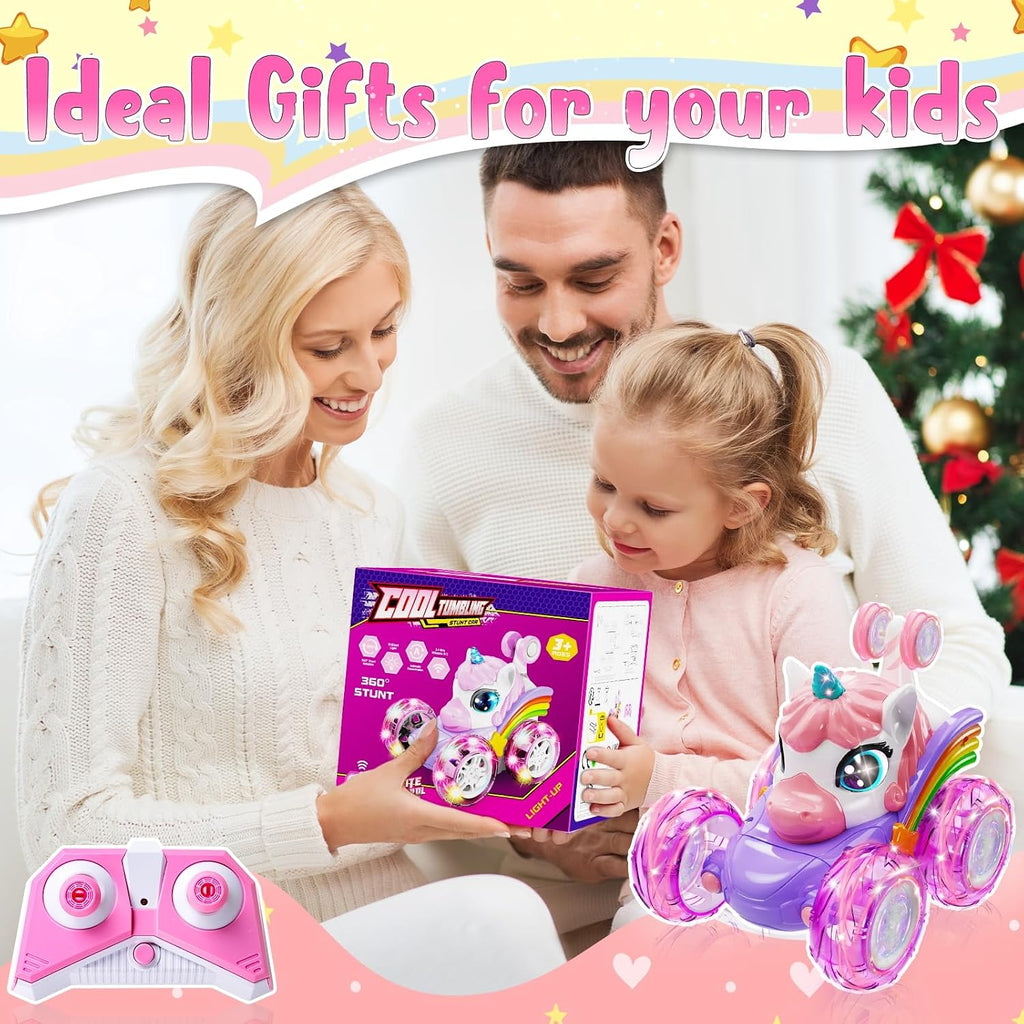 Kikikid Unicorn Remote Control Car for Girls, 360° Rotating 4WD Stunt RC Cars with Cute Lights, Rechargeable Car Toys Birthday Gifts for Kids Girl Age 3 4-6 6-8