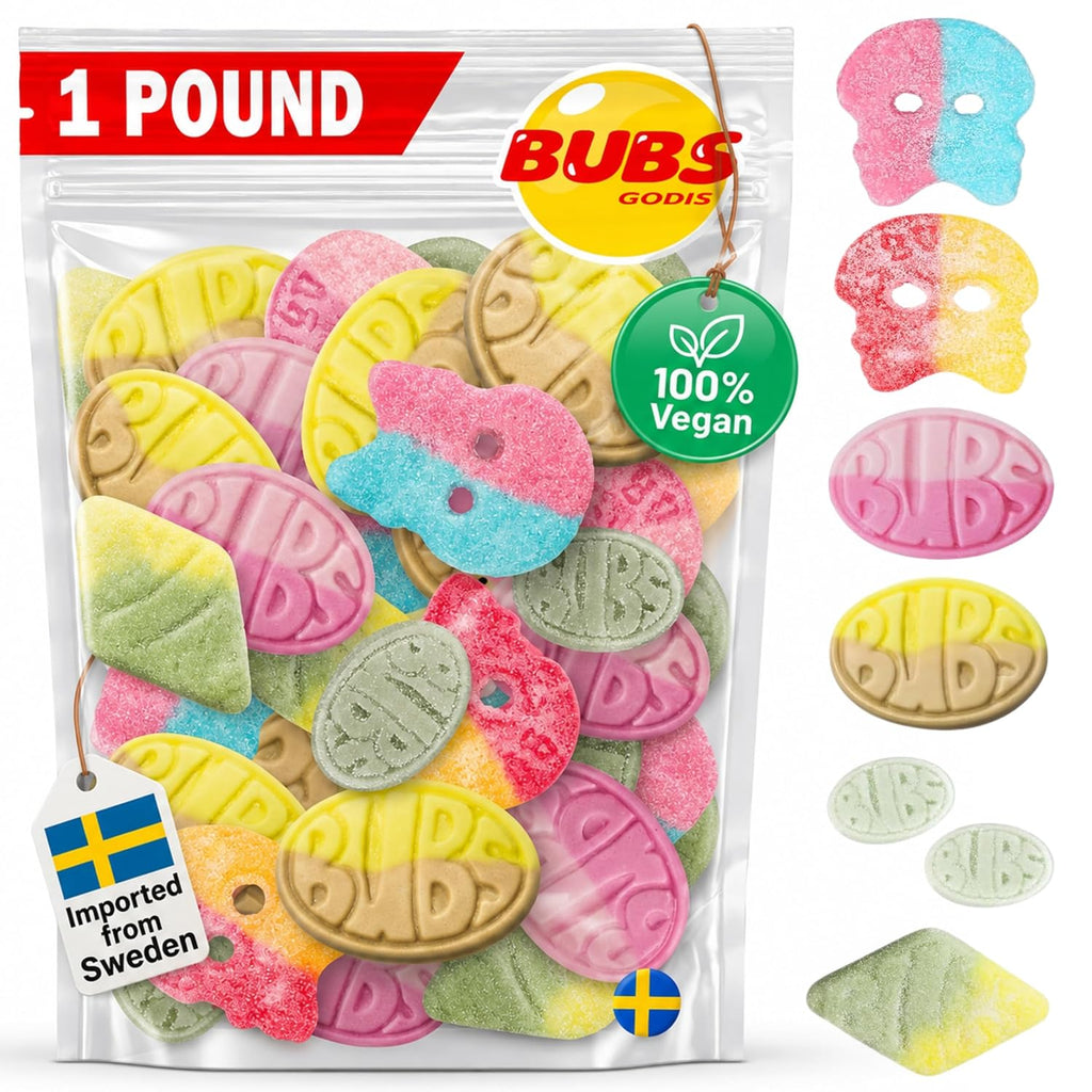 BUBS Swedish Candy Mix 1 lb - Authentic Sweet and Sour Swedish Gummies - Gelatin-Free Vegan Gummy Candy Assortment, Imported from Sweden - Foam Candy - Big Ovals, Dizzy Skulls, Tutti Frutti and More