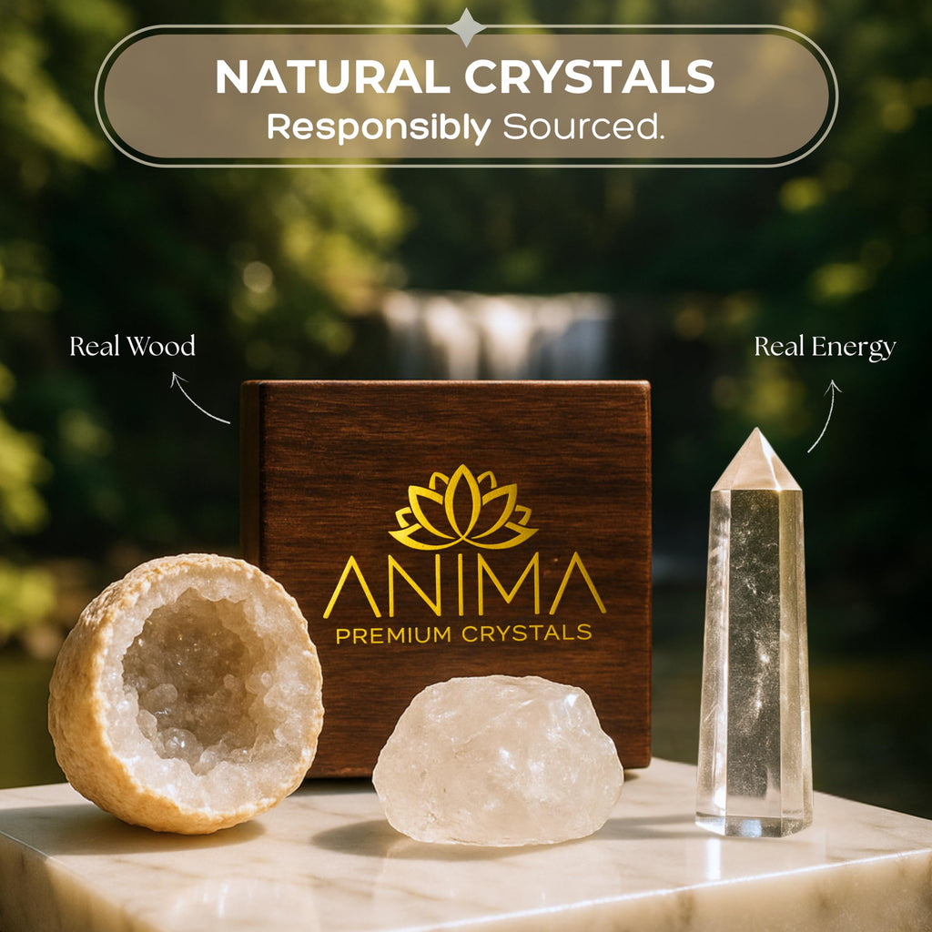 Anima Premium 7 Chakra Healing Crystals Set for Energy Alignment - Large Raw Amethyst, Rose Quartz, Citrine, Lapis Lazuli, Clear Quartz, Tigers Eye & Red Jasper - Wooden Gift Box & Guidebook Included