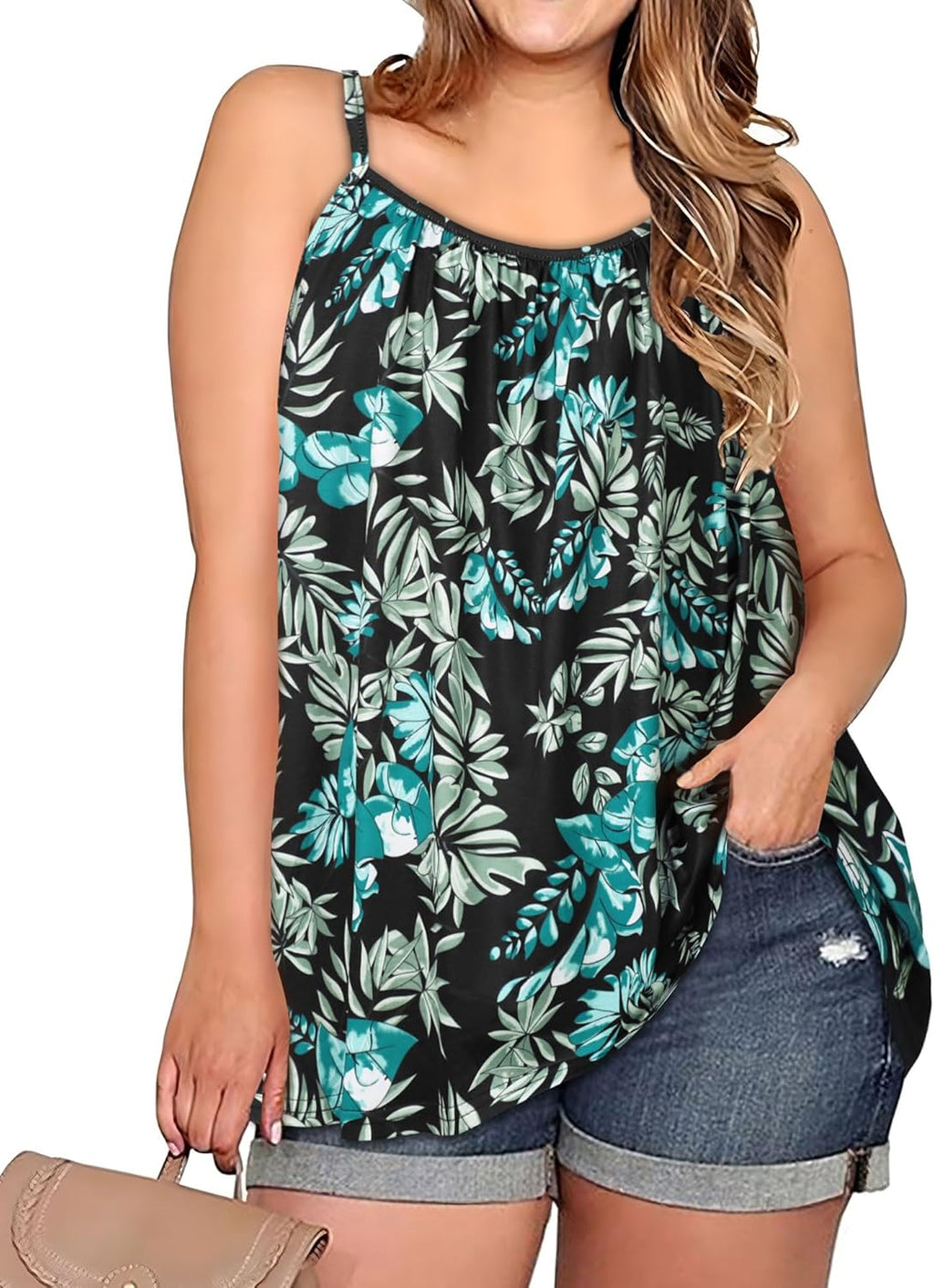 Plus Size Tank Tops for Women Boho Floral Loose Cami Spaghetti Strap Tunic Blouses