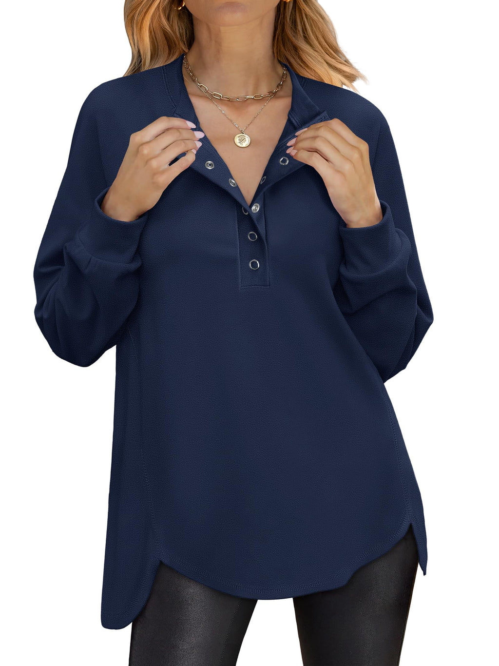 ANRABESS Women's Long Sleeve Henley Oversized Sweatshirts | Button Slit Hem Tunic Tops, Soft Loose Fit Pullover, School Work Office Outfits, Lounge Casual, Fall Winter Clothes