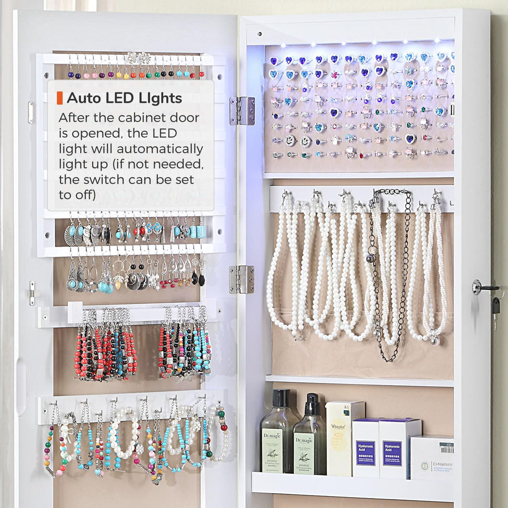 GISSAR Full Length Mirror Jewelry Cabinet, 6 LEDs Jewelry Armoire Wall Mounted Over The Door Hanging, Jewelry Organizer Storage with Lights Lockable, Black, 14.6" x 47.2"