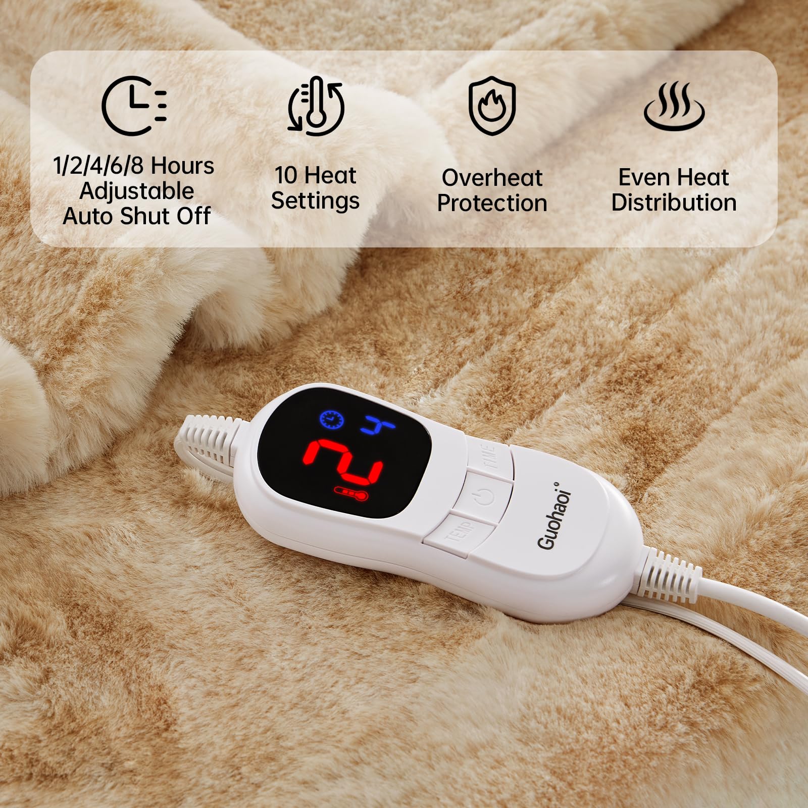 Guohaoi Heated Blanket Electric Throw, Soft Faux Rabbit Fur Electric Blanket with 10 Heating Levels 5 Sitting Timer Auto Off, Cozy Warm Heating Blankets, Machine Washable(50"×60" Beige)