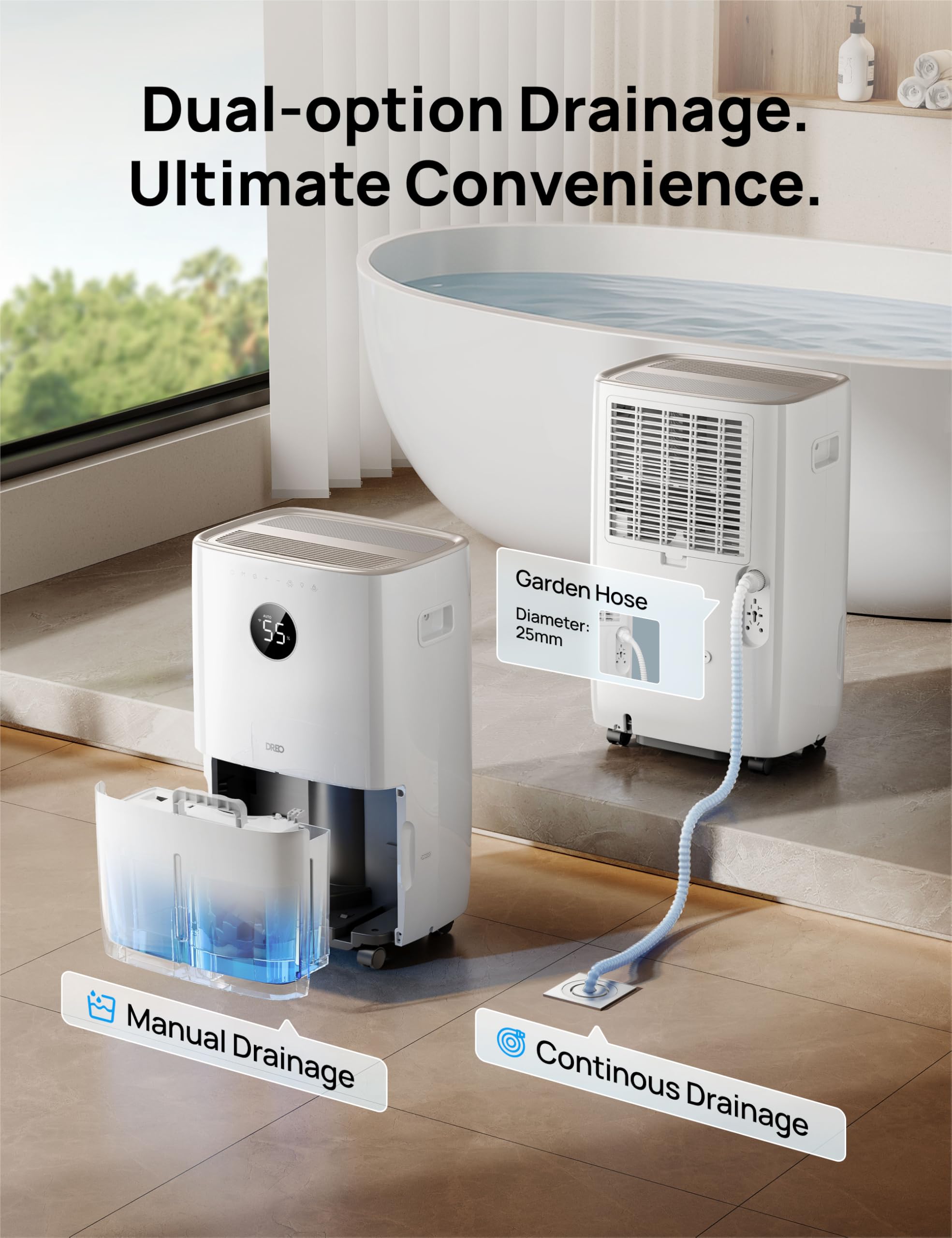 DREO 110-Pint Smart Dehumidifier for Basement, 4500 Ft² for Large Room, 2 Gallon Water Tank, Auto/Comfort/Constant Mode Dehumidifiers for Home, Bedroom, Bathroom, with Drain Hose, Black, 711S