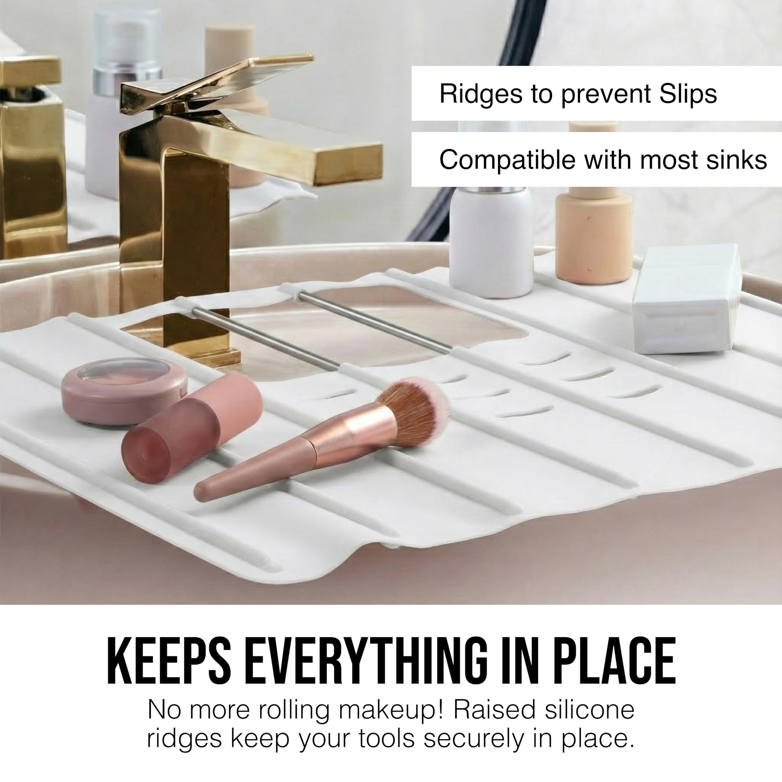 Maplefield Bathroom Sink Cover for Counter Space, Heat Resistant Silicone Sink Mat for Your Beauty Routine, Small Bathroom Space Saver Sink Cover for Makeup (Beige Large, 22" x 15" x 2" Inches)