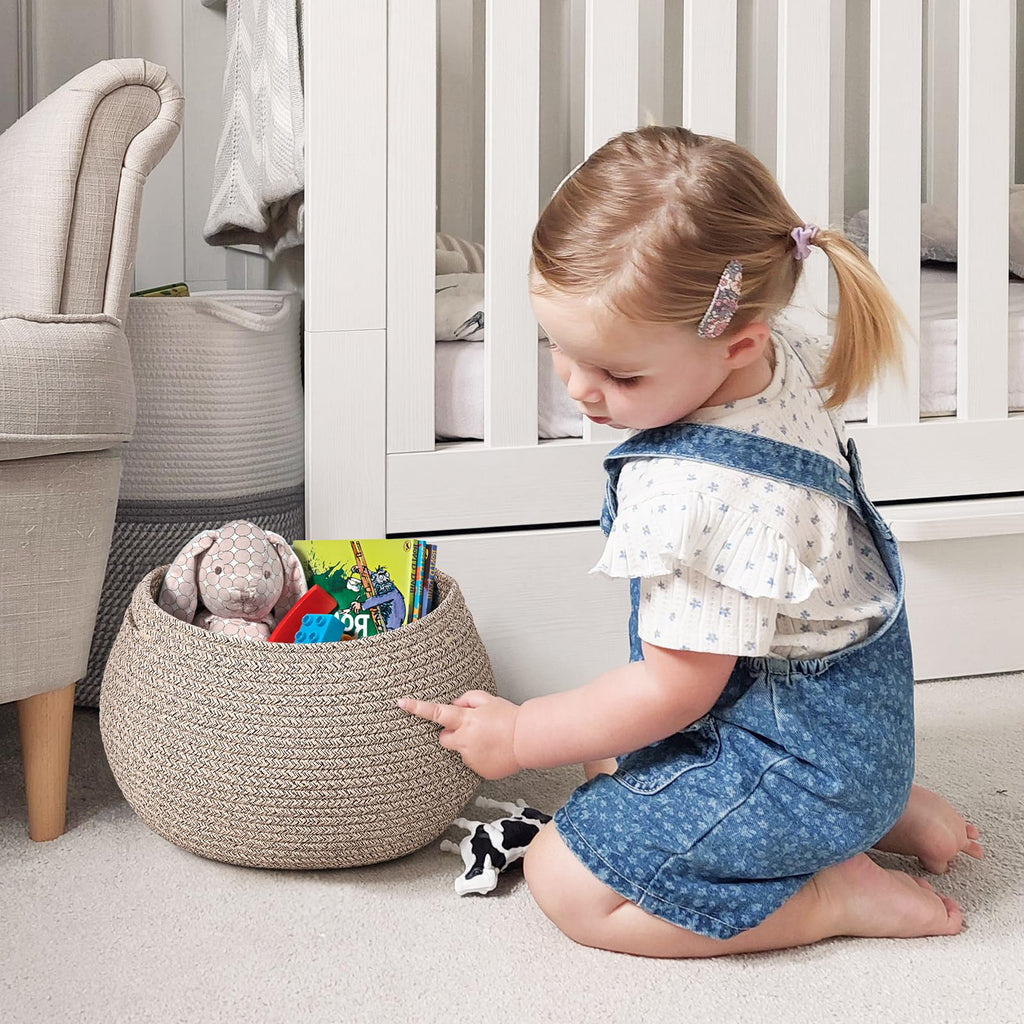Goodpick Small Rope Storage Basket, Black Round Baskets for Socks, Dog Toys, Towels, Cute Baby Basket for Living Room, Bedroom, Nursery, Towel Baskets for Bathroom, 10 x 8.3 inches