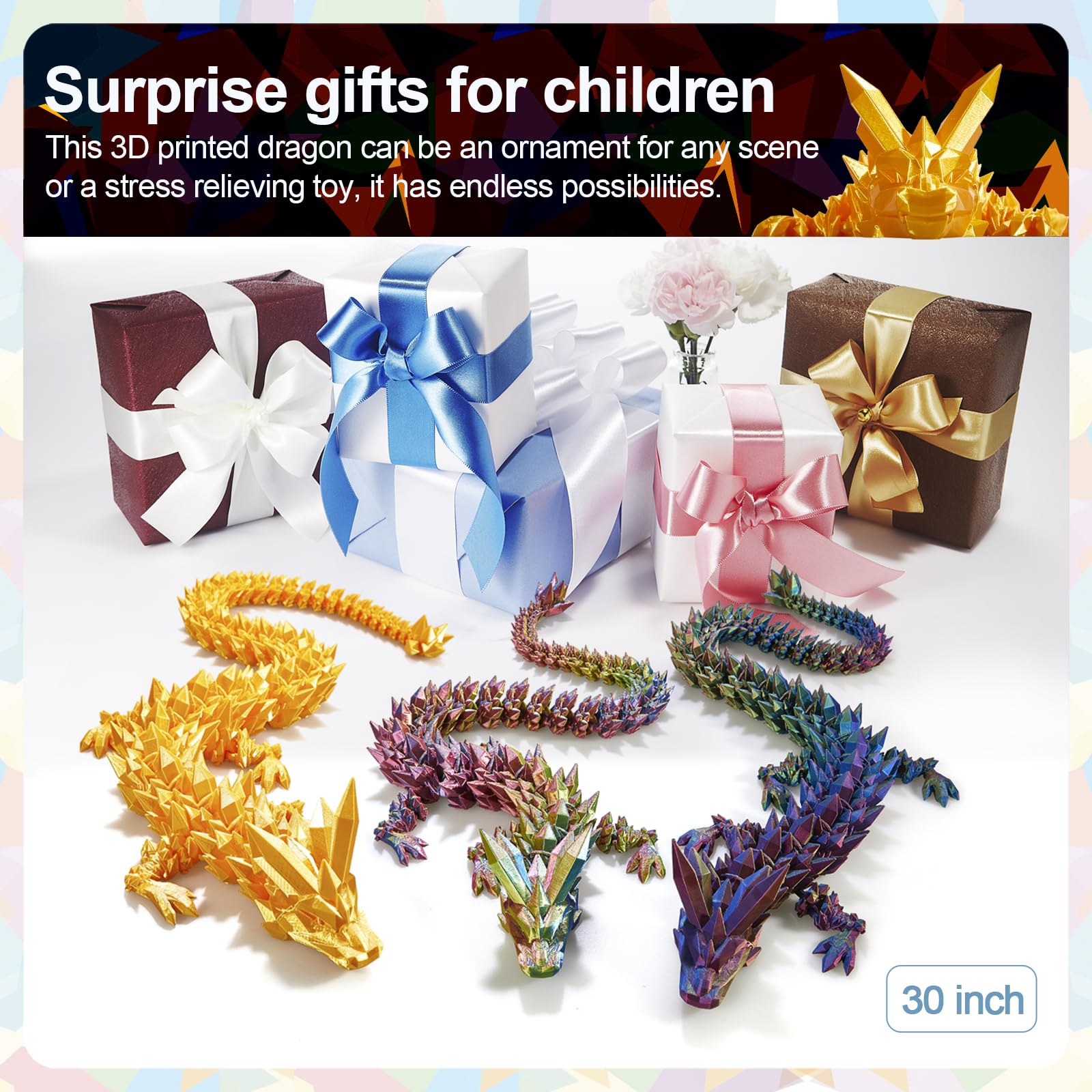 24" Large 3D Printed Dragon - Huge Articulated Crystal Dragon Fidget Toy, Giant Flexible 3D Dragon Figure, Birthday Gift for Boys Girls Kids & Collectors, Home Office Executive Desk Decor