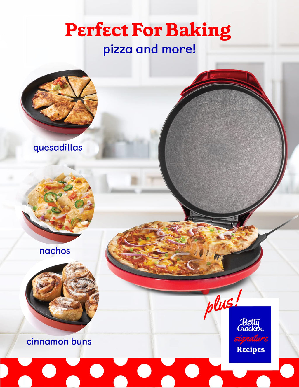 Betty Crocker Pizza Maker Plus,12" Indoor Electric Grill,Nonstick Griddle Pan for Pizzas,Quesadillas,Tortillas,Nachos and more,12" Electric Griddle for Delicious Meals and Snacks,Red,(Pack of 2)