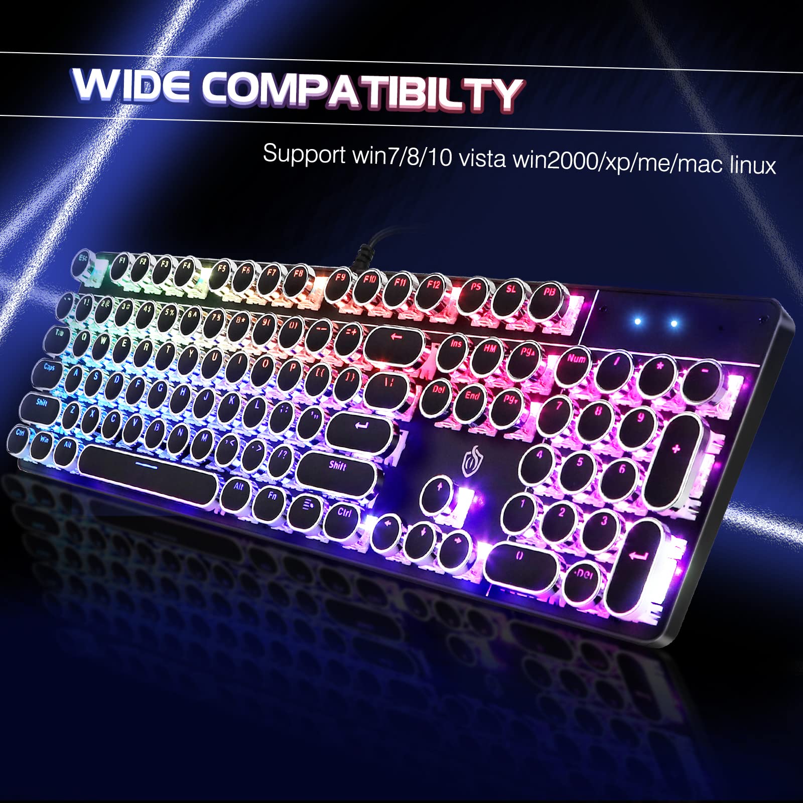 YSCP Typewriter Style Mechanical Gaming Keyboard RGB Backlit Wired with Blue Switch Retro Round Keycap 104 Keys Keyboard (R-Black)