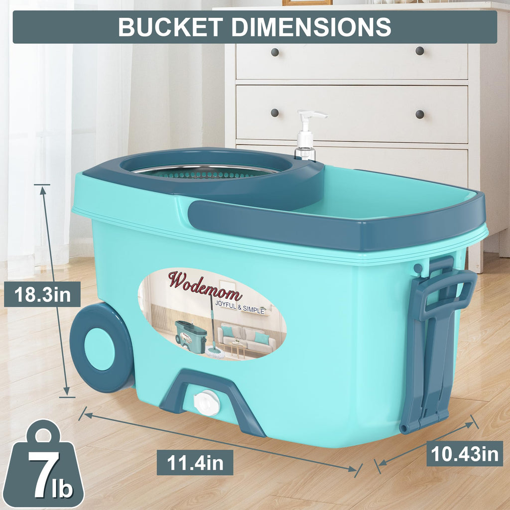 Dual Compartment Spin Mop and Bucket, Mop and Bucket with Wringer Set,360°Rotating Spinning Mopping for Floor Cleaning with 6 Microfiber Replacement Heads, 61" Extended Handle, 2X Wheel - Deep Green