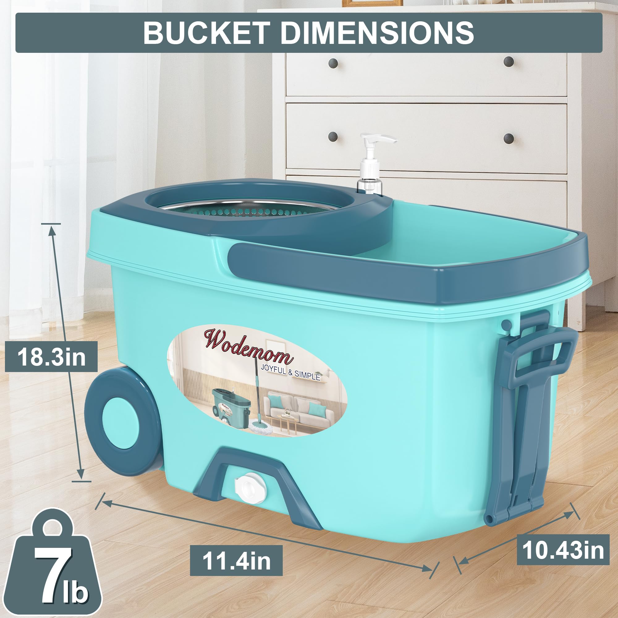 Dual Compartment Spin Mop and Bucket, Mop and Bucket with Wringer Set,360°Rotating Spinning Mopping for Floor Cleaning with 6 Microfiber Replacement Heads, 61" Extended Handle, 2X Wheel - Deep Green