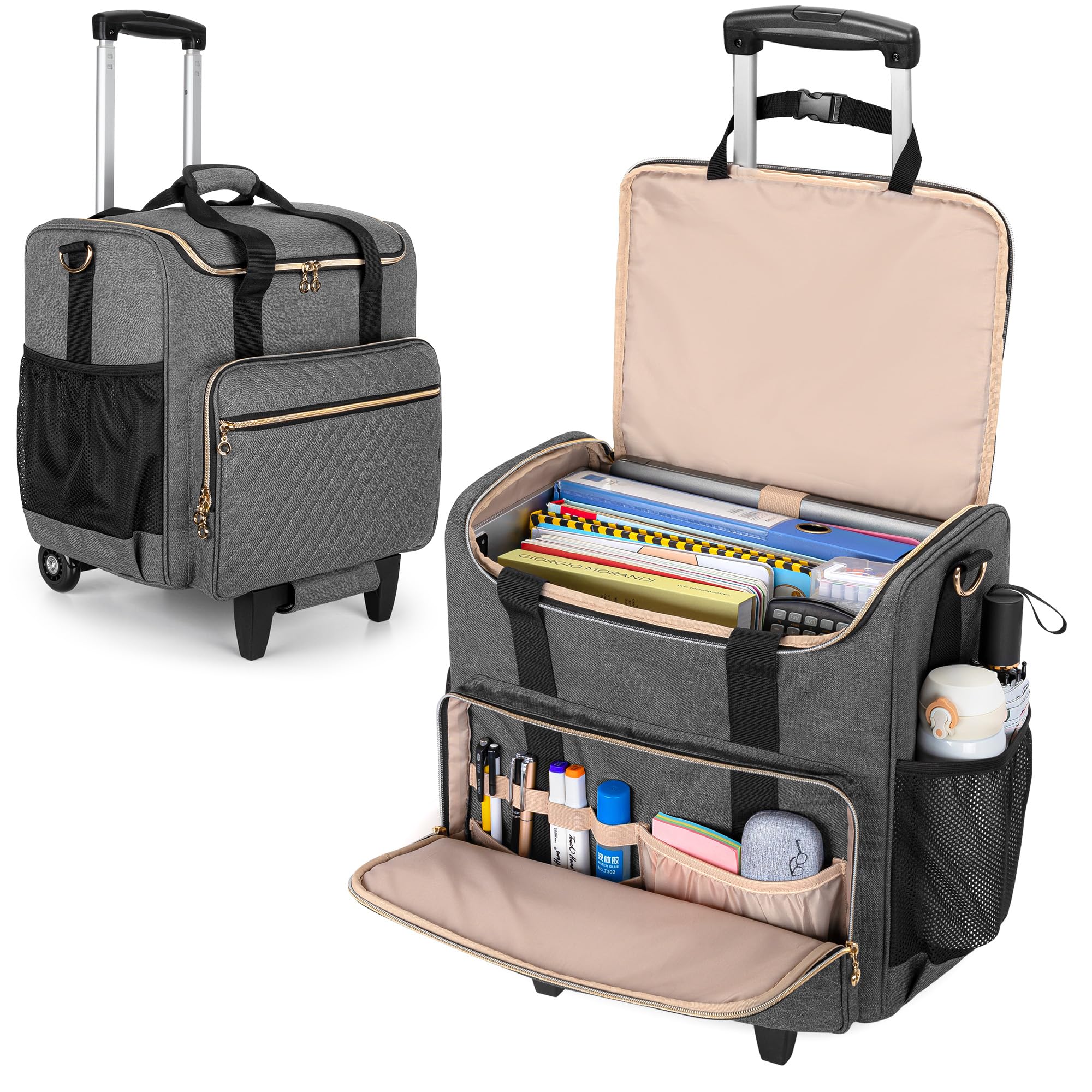 LUXJA Rolling Teacher Bag with Laptop Compartment and Detachable Dolly, Multifunctional Rolling Teacher Tote Bag (Patent Pending), Black