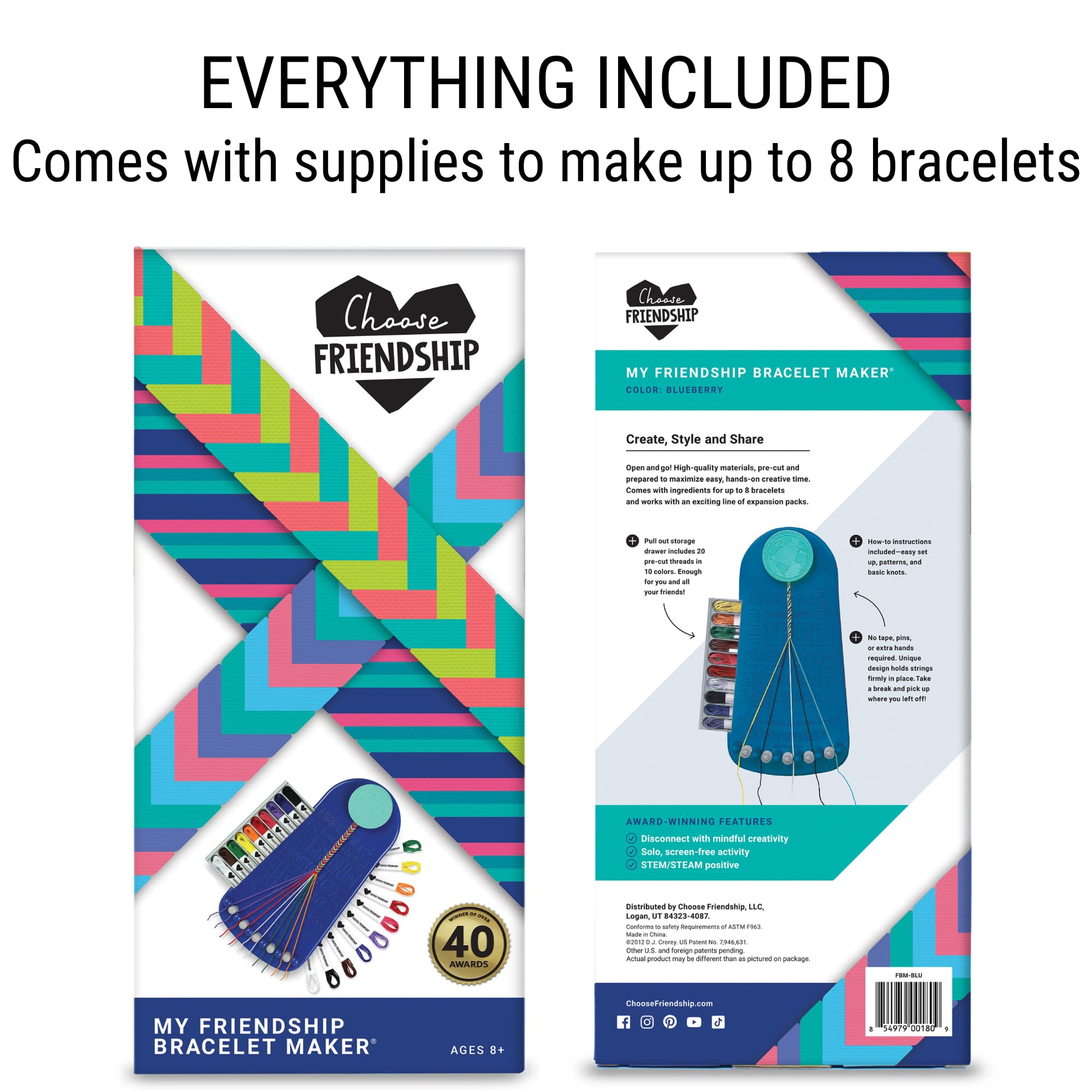 Choose Friendship Bracelet Making Kit – 20 Pre-Cut Threads, Portable Loom with Storage, Makes 8 Bracelets, Craft Gift for Kids Ages 8+, Dark Blue “Blueberry”