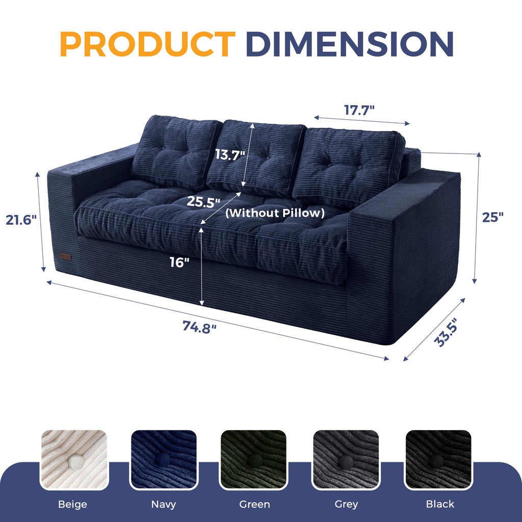 MAXYOYO 3 Seater Sofa Couch for Living Room, Tufted Boneless Couch Sofa Couch, Comfy Bubbled Bean Bag Chair for Apartment, No Assembly Needed, Beige