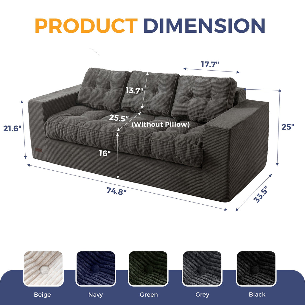 MAXYOYO 3 Seater Sofa Couch for Living Room, Tufted Boneless Couch Sofa Couch, Comfy Bubbled Bean Bag Chair for Apartment, No Assembly Needed, Beige