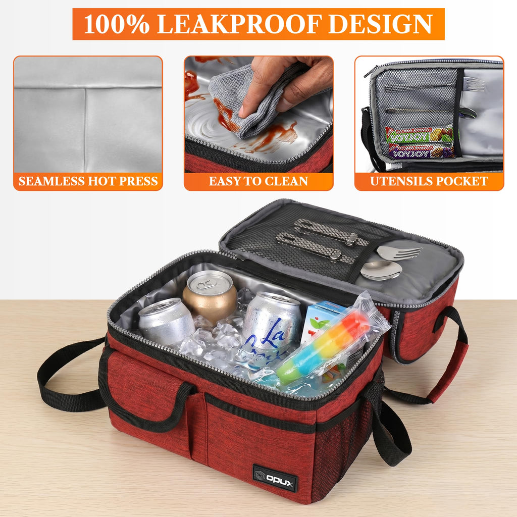 opux Insulated Lunch Bag Women Men, Dual Compartment Leakproof Lunch Box Adults Kids, Double Decker Meal Prep Bento Lunch Cooler Tote with Shoulder Strap for Work Office School Travel, Black