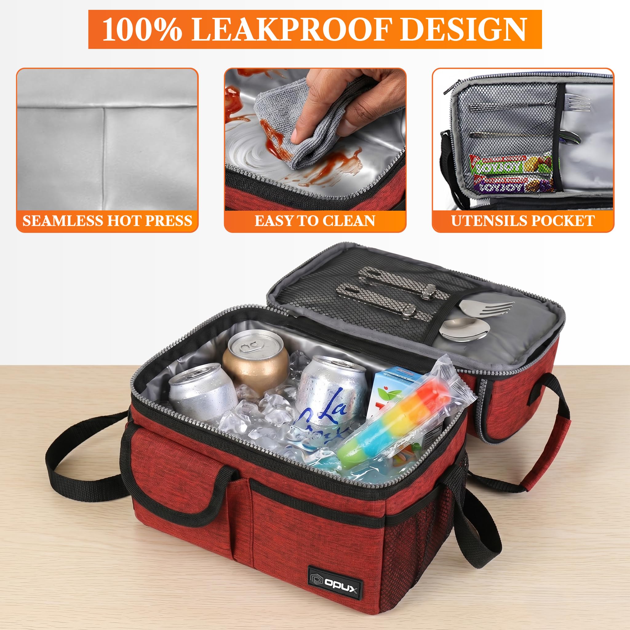 opux Insulated Lunch Bag Women Men, Dual Compartment Leakproof Lunch Box Adults Kids, Double Decker Meal Prep Bento Lunch Cooler Tote with Shoulder Strap for Work Office School Travel, Black