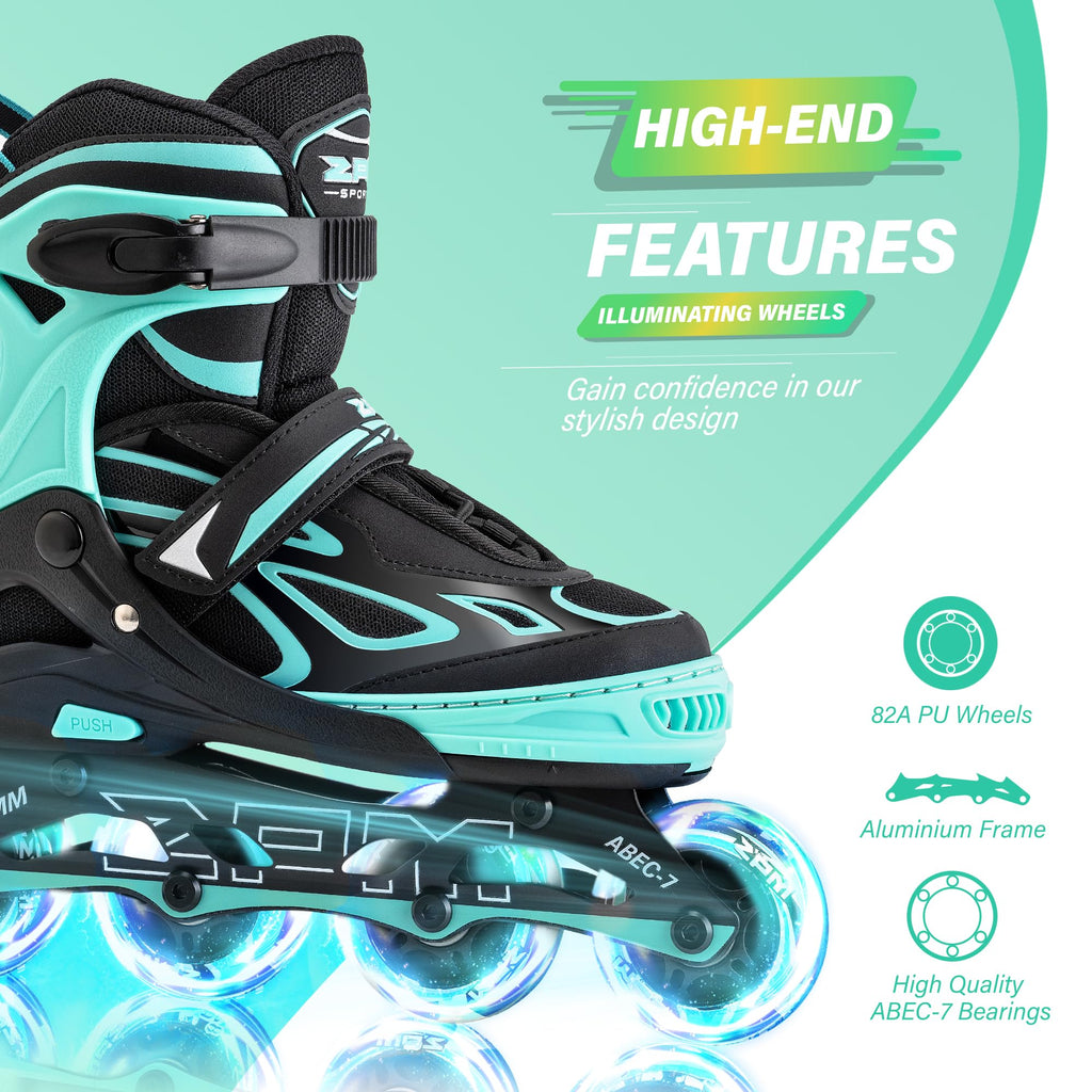 2PM SPORTS Vinal Girls Adjustable Flashing Inline Skates, All Wheels Light Up, Fun Illuminating Skates for Kids Men Adult Women and Boys