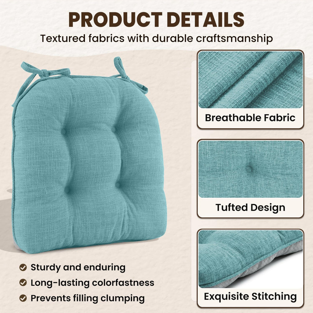 downluxe Indoor Chair Cushions for Dining Chairs, Tufted Overstuffed Textured Kitchen Chair Pads with Ties and Non-Slip Backing, 15.5" x 15.5" x 4", Aqua Blue, 4 Pack