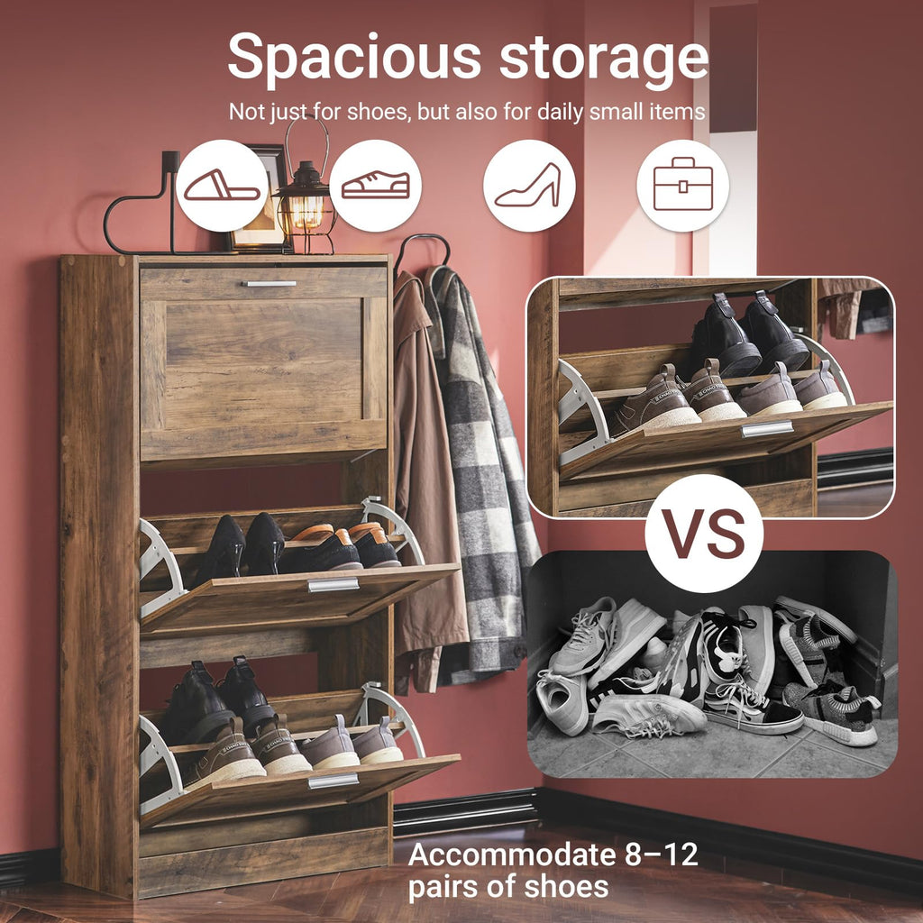 Haotian Shoe Cabinet Storage for Entryway, Narrow Shoe Cabinet with Two Flip Drawers to Save Space, Shoe Rack Cabinet for Front Door Entrance Hallway (Black)