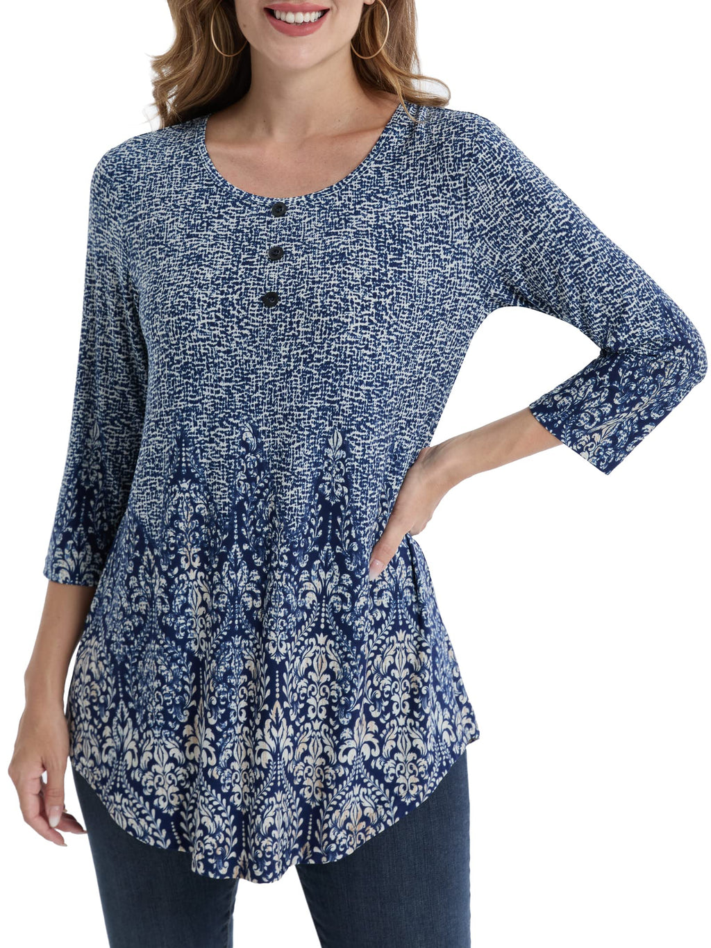 BAISHENGGT Womens Tops 3/4 Sleeve Round Neck Casual Tunic Tops Fall Fashion 2025 Dressy Casual Blouses
