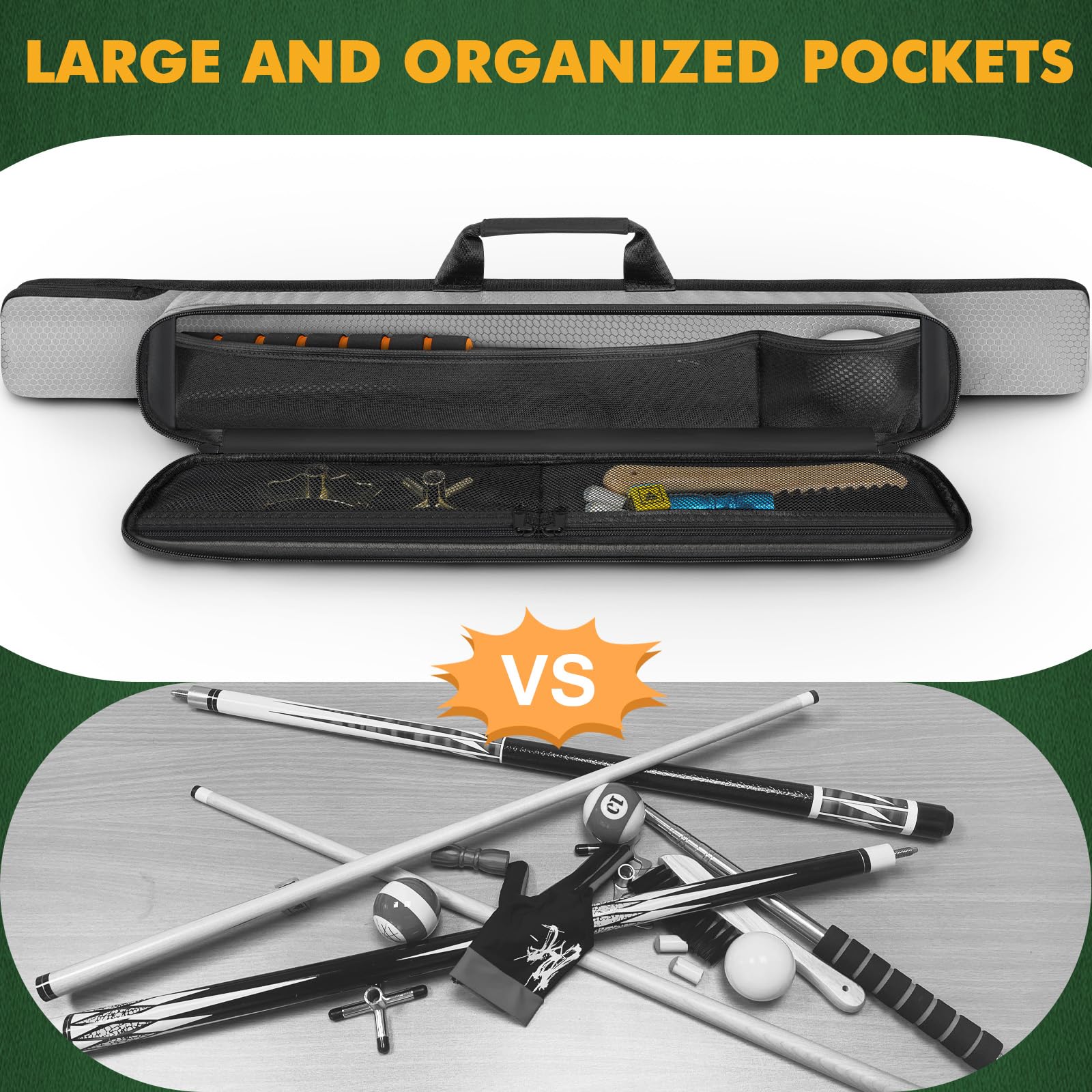 PEKREWS Pool Cue Case, Soft Pool Stick Case 1x1 Holds 1 Butt and 1 Shaft with Queue Zipper Pocket, Sturdy Polyester Billiard Cue Bag with Shoulder Strap Handle, Billiard Stick Bag for Men and Women