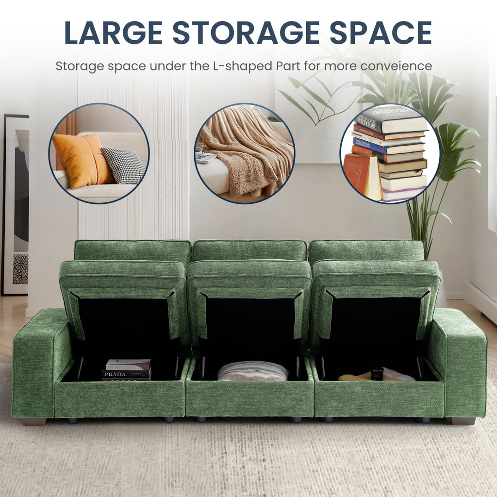 TEKAMON 100" Modular Sectional Sofa with Seats Storage, L Shaped Couch with Movable Ottoman for Living Room, Couch with Chaise, Solid Wood Frame, Spring Cushions, USB Port, Removable Covers, Beige
