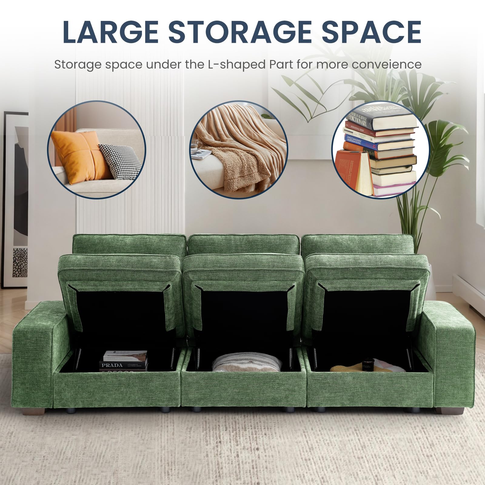 TEKAMON 100" Modular Sectional Sofa with Seats Storage, L Shaped Couch with Movable Ottoman for Living Room, Couch with Chaise, Solid Wood Frame, Spring Cushions, USB Port, Removable Covers, Beige