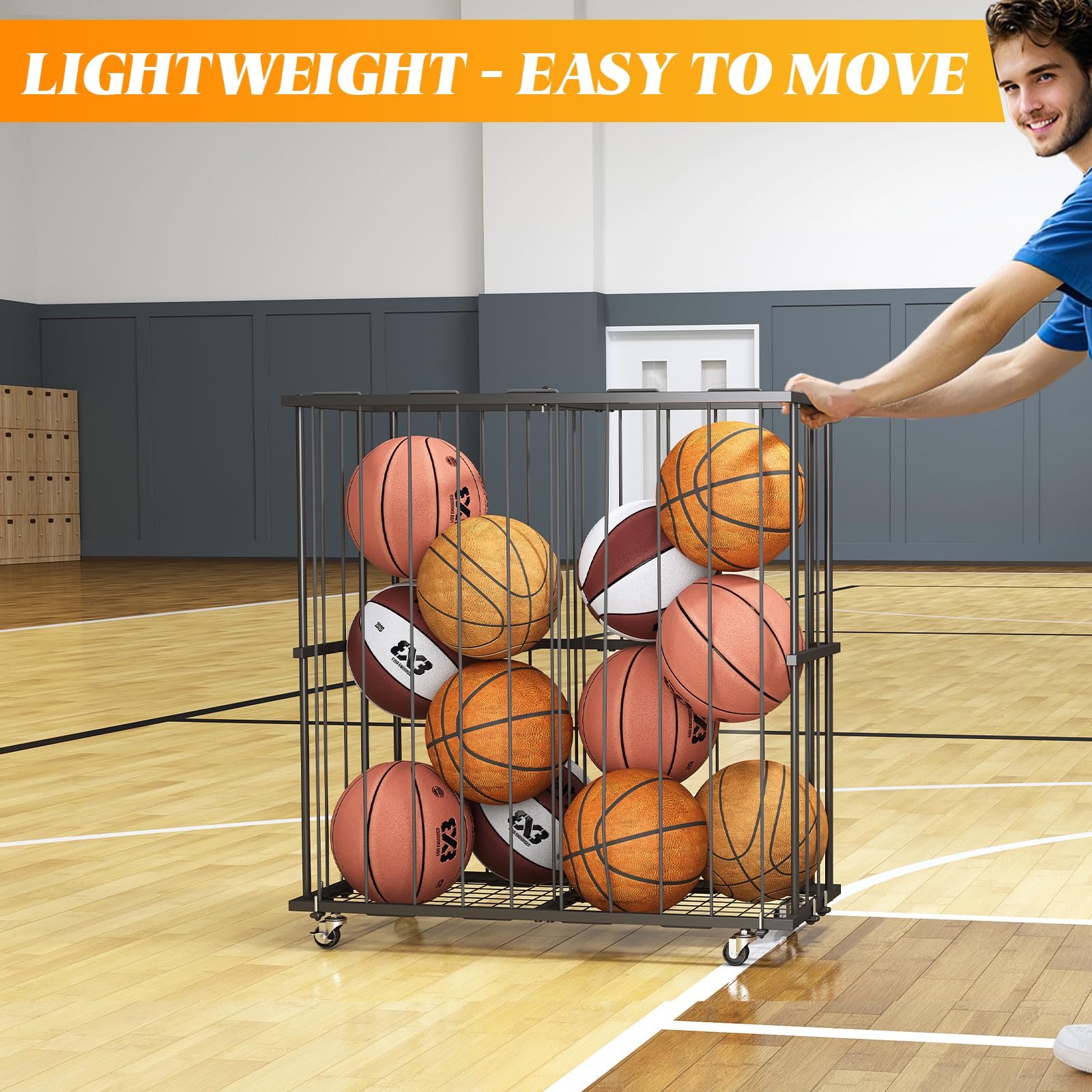 Hencawima Garage Ball Storage: Round Sports Equipment Organizer with Wheels, Sports Ball Rack With Elastic Rope, Ball Holder for Basketball, Soccer, Volleyball, Football, Garage, Gym, Outdoor (Black)