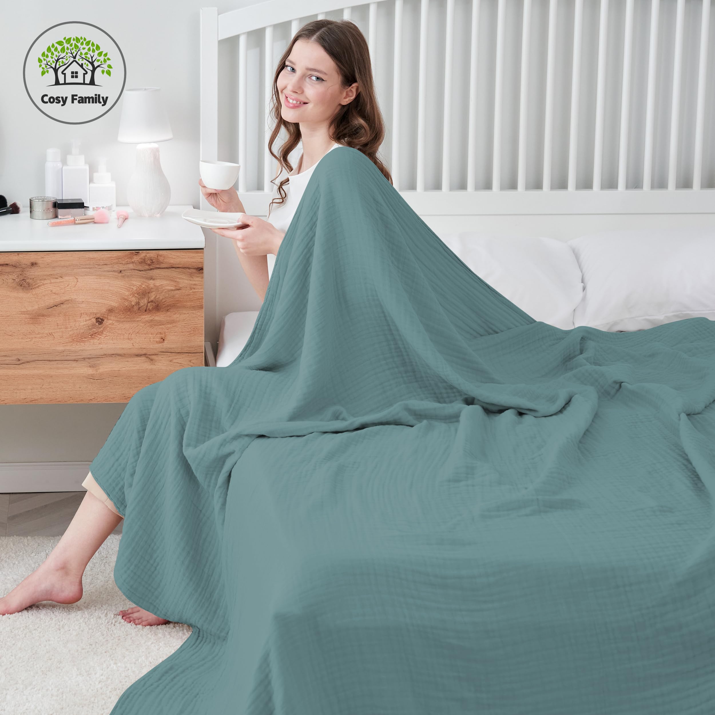 Cosy Family 4 Layer Muslin Bed Blanket - Breathable and Lightweight Gauze Boho Blanket for Spring, Soft 100% Cotton Muslin Blanket, Brown, 55x80 Inches