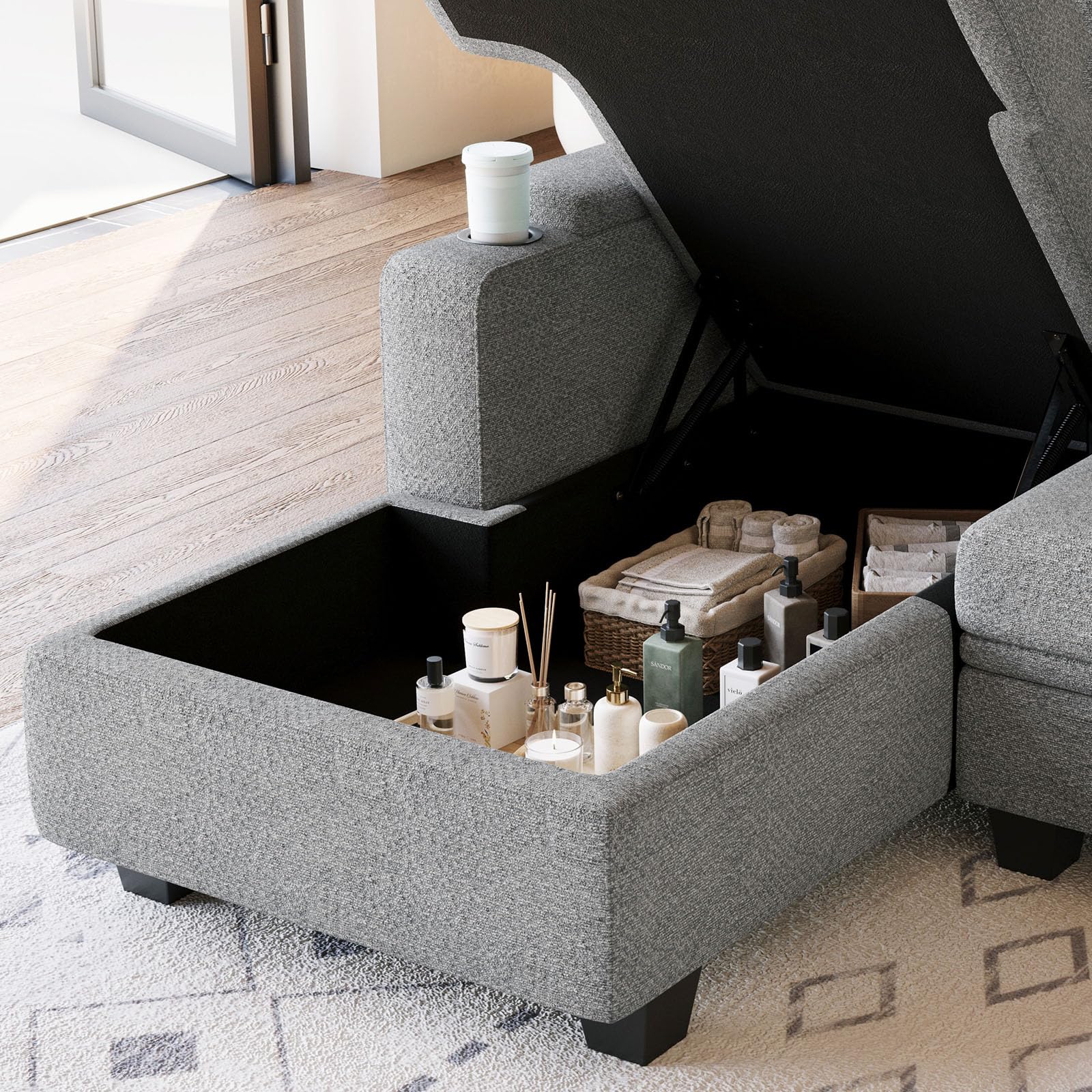 Belffin Modular Sectional Sleeper Sofa Bed with Storage Chaise L Shaped Sectional Couches for Living Room Armrest with Cup Holder. White Couch
