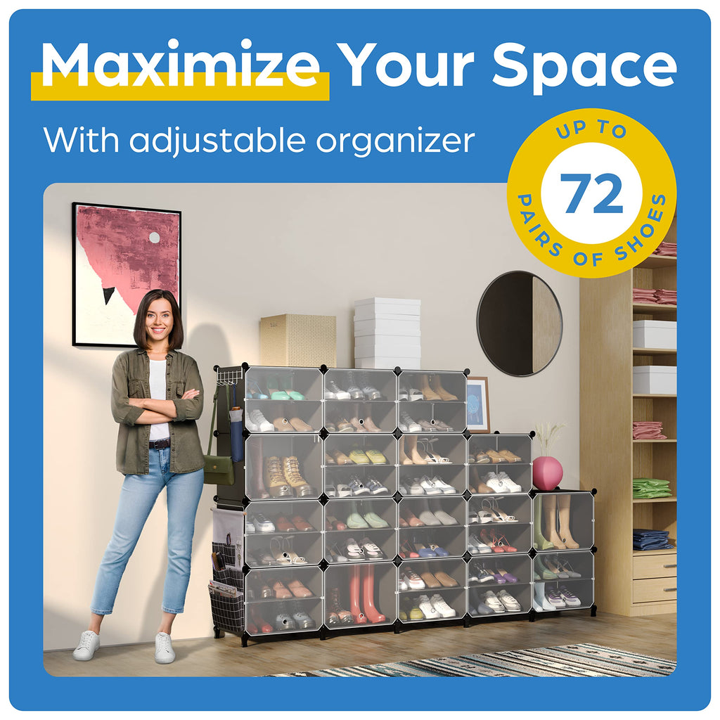 CUBEDIY Shoe Organizer Cabinet Up to 72 Pairs, Shoe Closet-Covered Shoe Rack with See-Through Door (Clear, Plastic, Stackable) Cubby Portable Shoe Organizer with Covers, Hooks & Pockets, Black