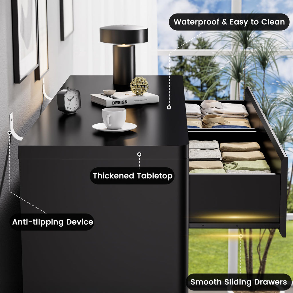 Standifurno Black 56" Tall Dresser for Bedroom, Fluted Modern 6 Drawers Deep Dressers, Wood Chest of Drawers with Handleless, Curved Profil Storage Closet Dressers for Bedroom, Living Room, Hallway