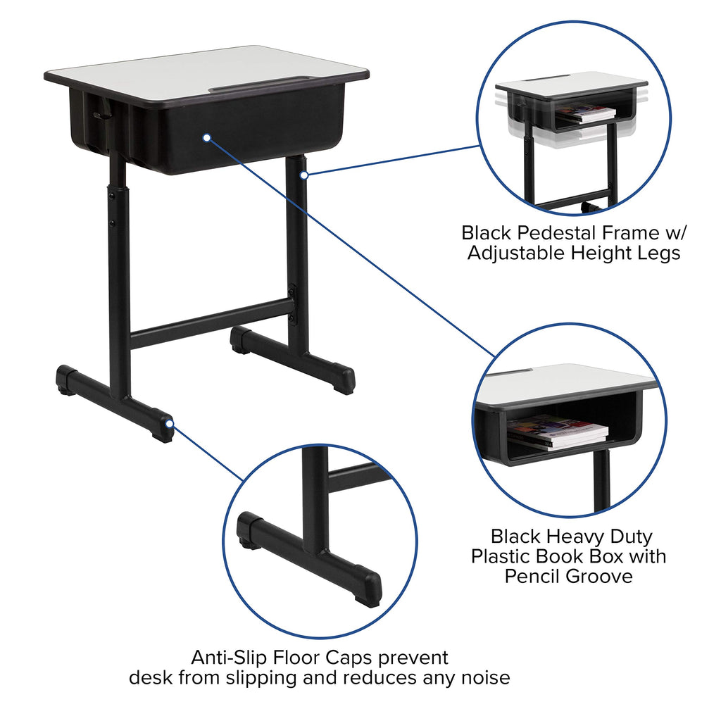 Flash Furniture Billie Open Front Student Desk for Classrooms or Remote Learning, Height Adjust School Desk with Book Box and Bag Hooks, Black/Gray