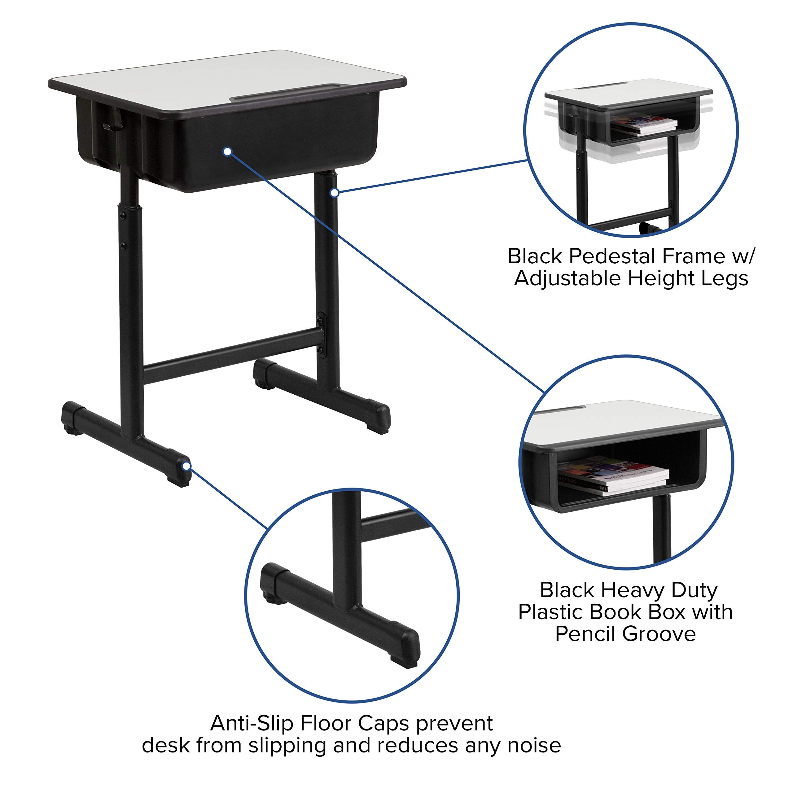 Flash Furniture Billie Open Front Student Desk for Classrooms or Remote Learning, Height Adjust School Desk with Book Box and Bag Hooks, Black/Gray