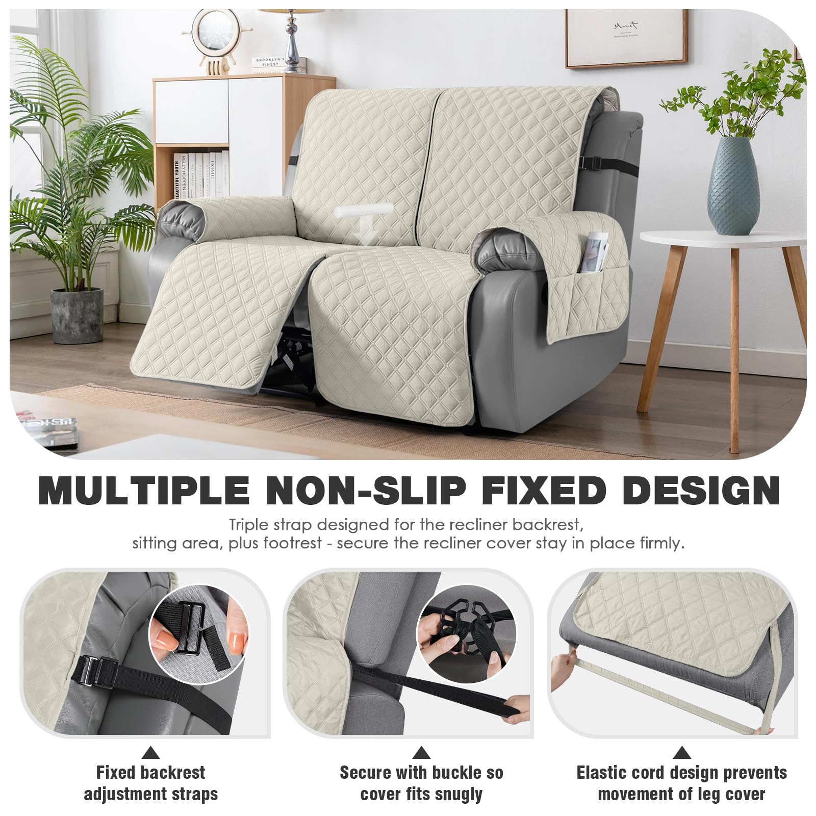 TAOCOCO 100% Waterproof Recliner Chair Covers, Reversible Recliner Covers with Leg Straps, Washable Recliner Sofa Covers for Reclining Chair Furniture Dog Protector with Pocket (Black, 23.6'')