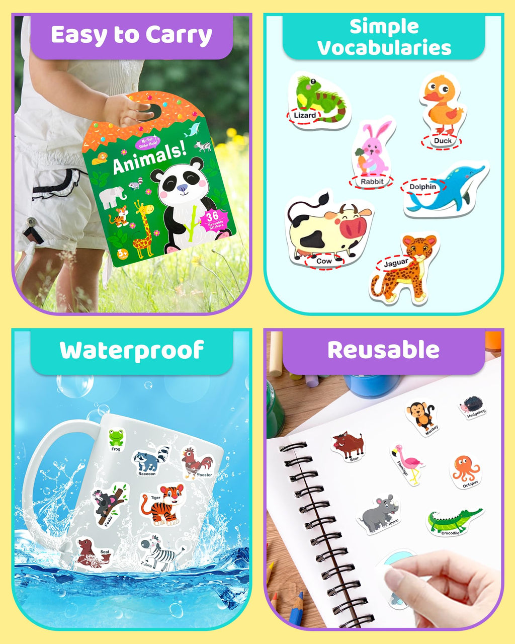 Benresive Reusable Sticker Book for Toddlers, Stickers for Kids, Travel Toys for Arts & Crafts Activities, Birthday Gift for Boys & Girls, Animals Dinosaurs Insects Themes