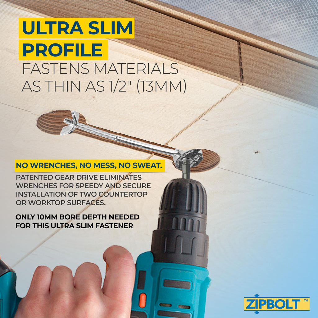 Zipbolt 10.800 Countertop Miter Connector — 20 Piece Joint Fastener Drawbolt Pack with 5mm Hex Bit for Joining Countertops, Butcher Blocks, Furniture, and More - Single-Handed Tightening