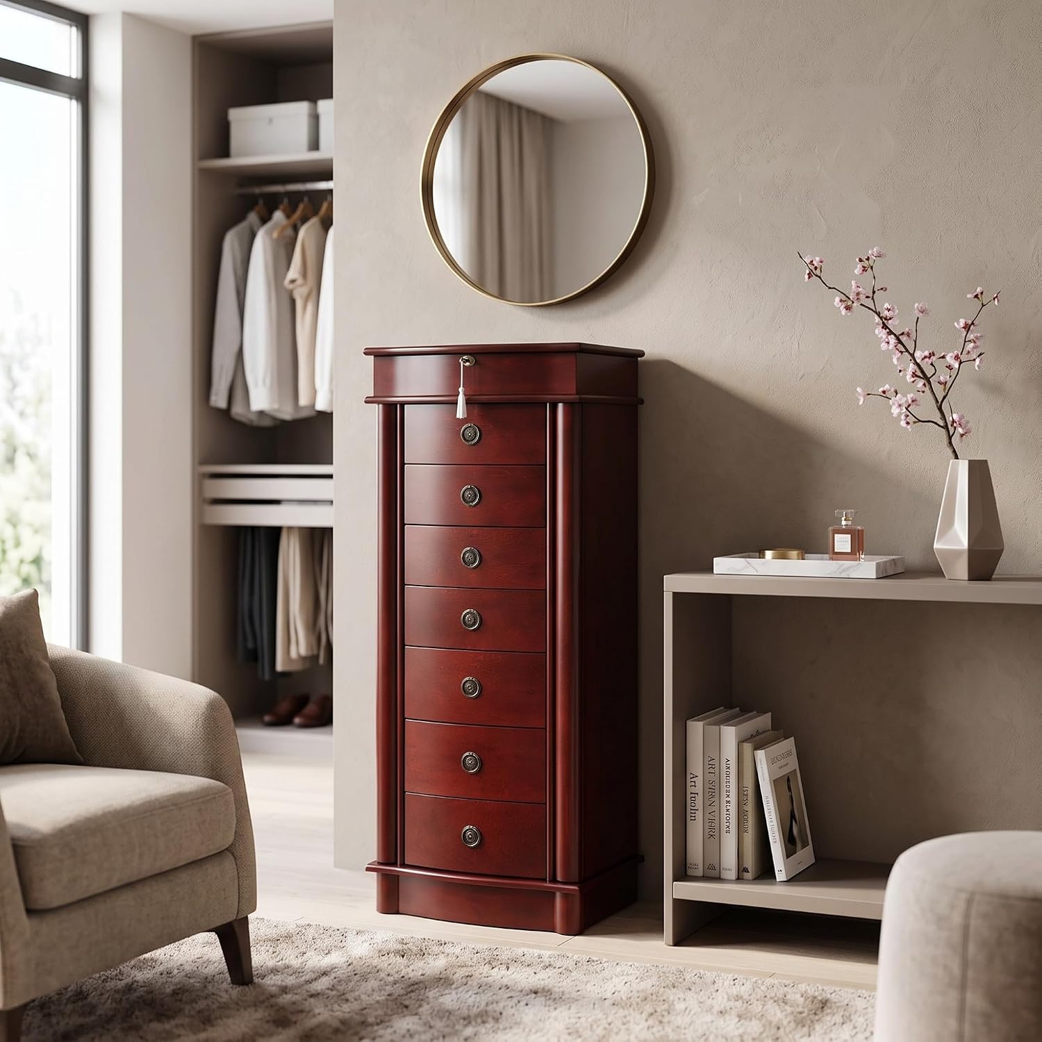 Hives and Honey Nora Jewelry Armoire Cabinet with Mirror – 7 Drawers, Locking Top, Necklace Hooks, Anti-Tarnish Felt – Traditional Standing Jewelry Organizer for Women, Cherry