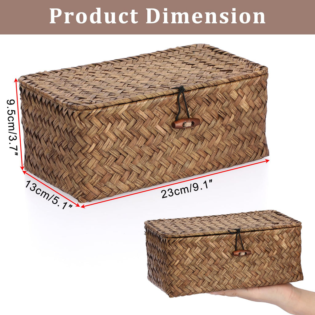 Sumnacon Wicker Basket with Lid Rectangle Woven Baskets for Toiletries Tampon Storage,Wicker Storage Basket with Lid,Decorative Seagrass Storage Baskets for Shelf Bathroom Toilet Table, Caramel