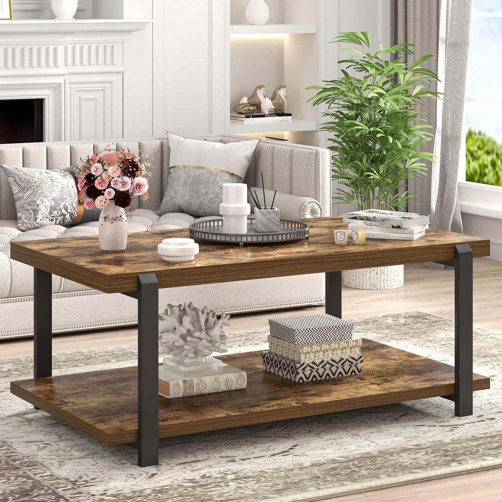 FOLUBAN Black Coffee Table, Modern Rustic Wood Center Table with Storage for Living Room, Industrial Rectangle 2 Tier Cocktail Tea Table, Black Oak