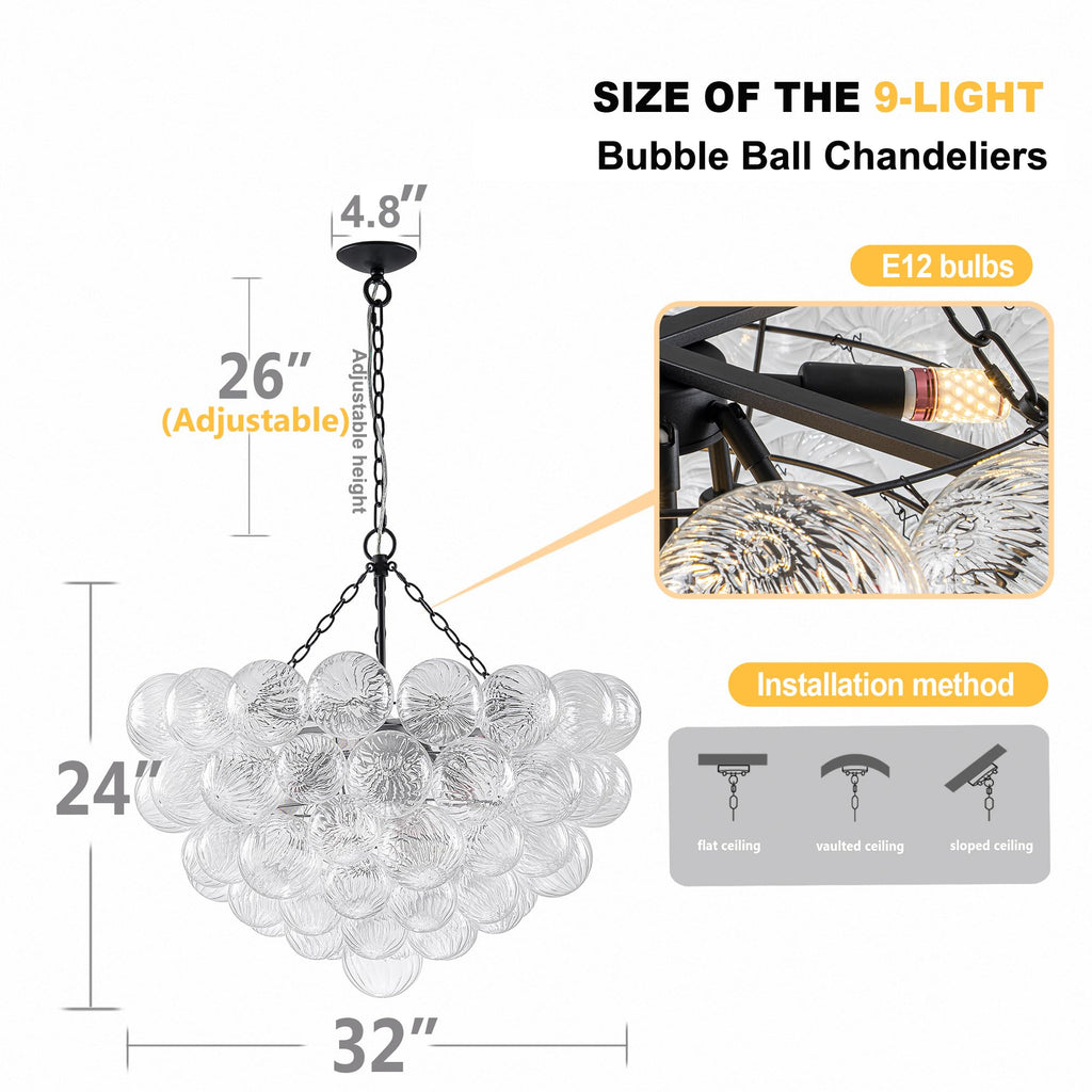 Longree Bubble Glass Ball Chandelier White 20" Dia Pendant Light | Swirled Glass Globe, for Dining Room Kitchen Bathroom Entry Bedroom