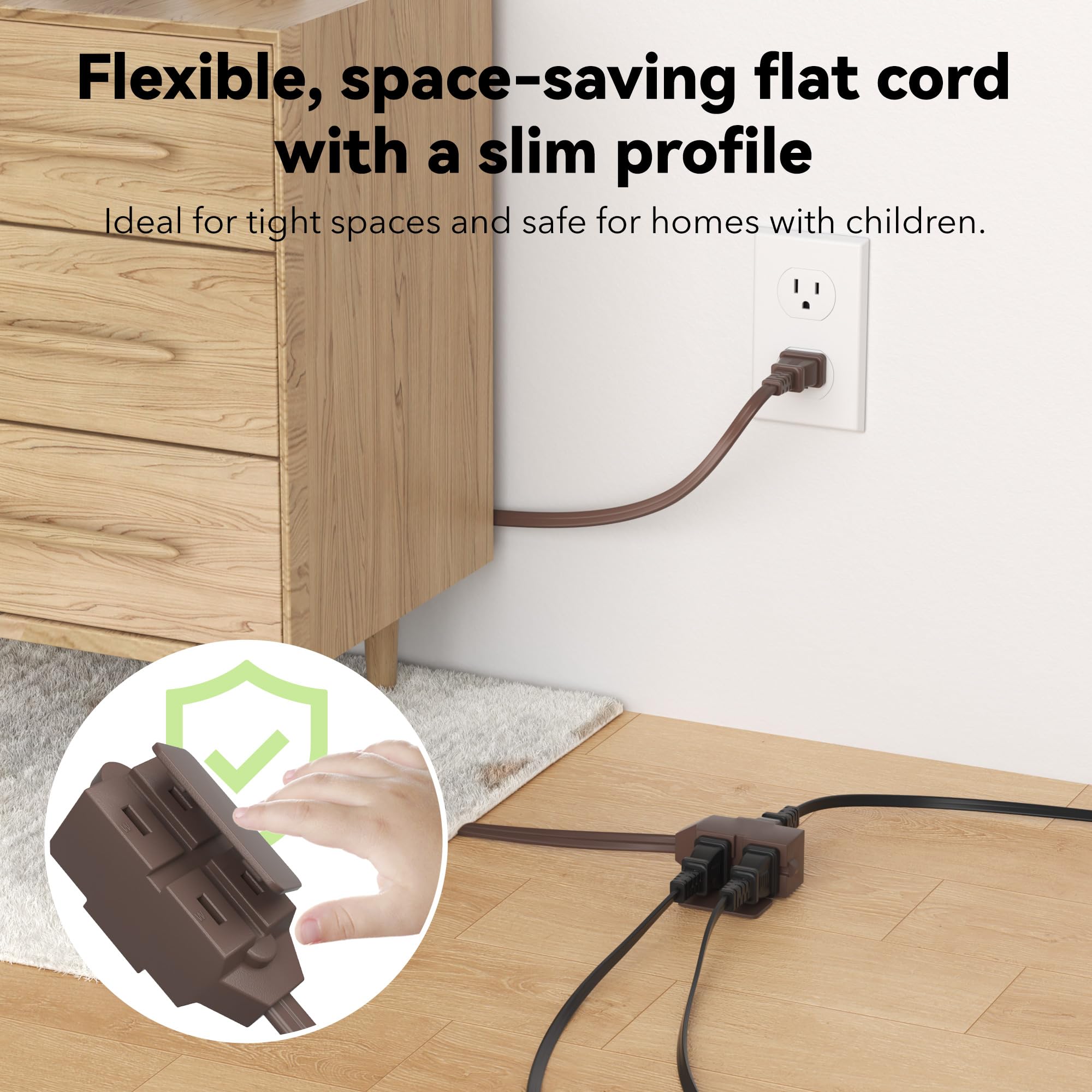 BN-LINK 6ft Indoor Extension Cord, 2 Pack, 3-Outlet Polarized Flat Cable, Household Power Cord for Home, Office, and Holiday Decorations, Black