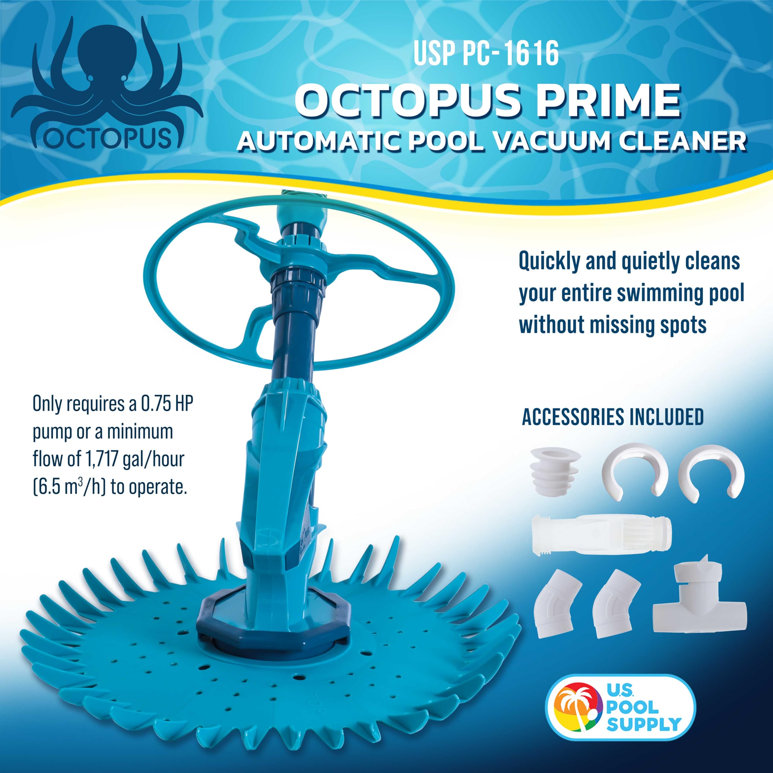 U.S. Pool Supply Octopus Suction Pool Cleaner, Inground Automatic Pool Vacuum Cleaner with Hose - Swimming Sweeper Vac Cleaning Suction-Side Cleaners - Auto Creepy Sweeps Removes Debris, Leaves Cleans